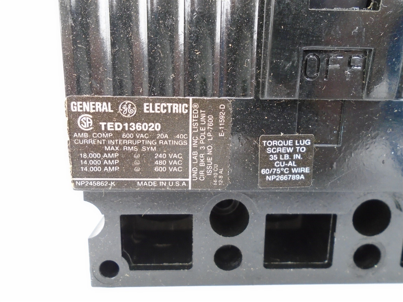 GE – TED136020WL – 20A, 3 Pole, 240-600 VAC – w/EXTERNAL RESISTOR 20k Ω 25W
