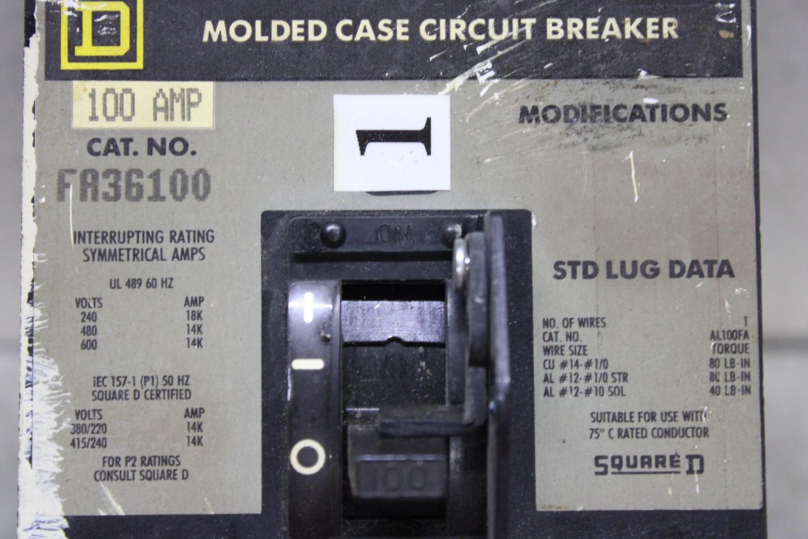 SQUARE D I-LINE CIRCUIT BREAKER FA36100 100 AMP 600 VOLT 3-POLE