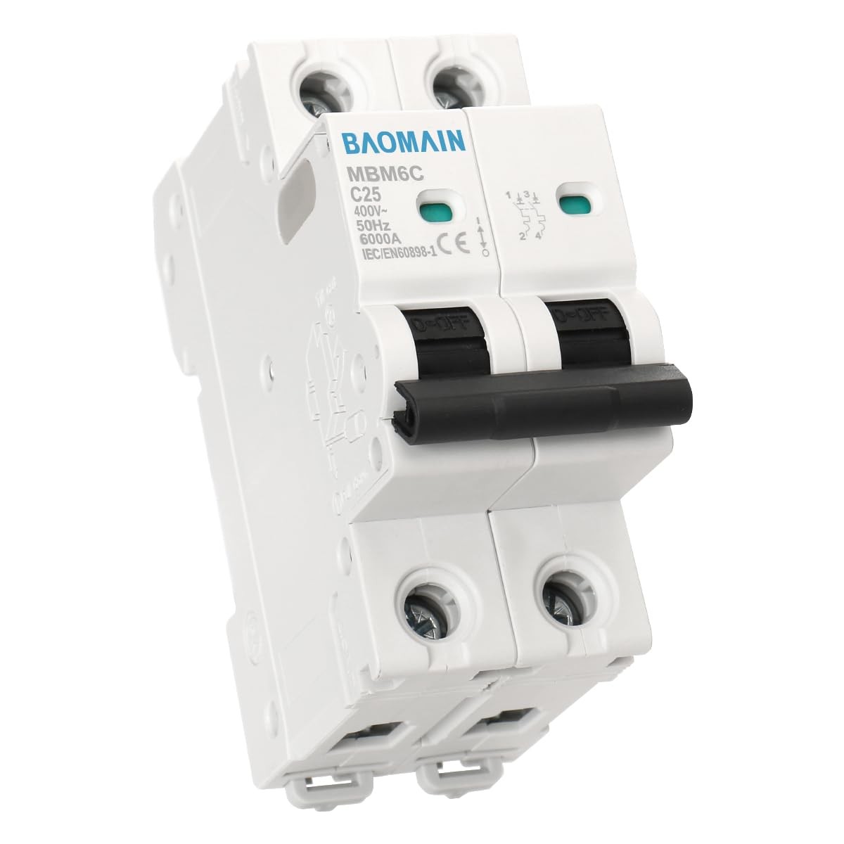 C25 25A 2 Pole Miniature Circuit Breaker AC 400V 50Hz DIN Rail Mounting