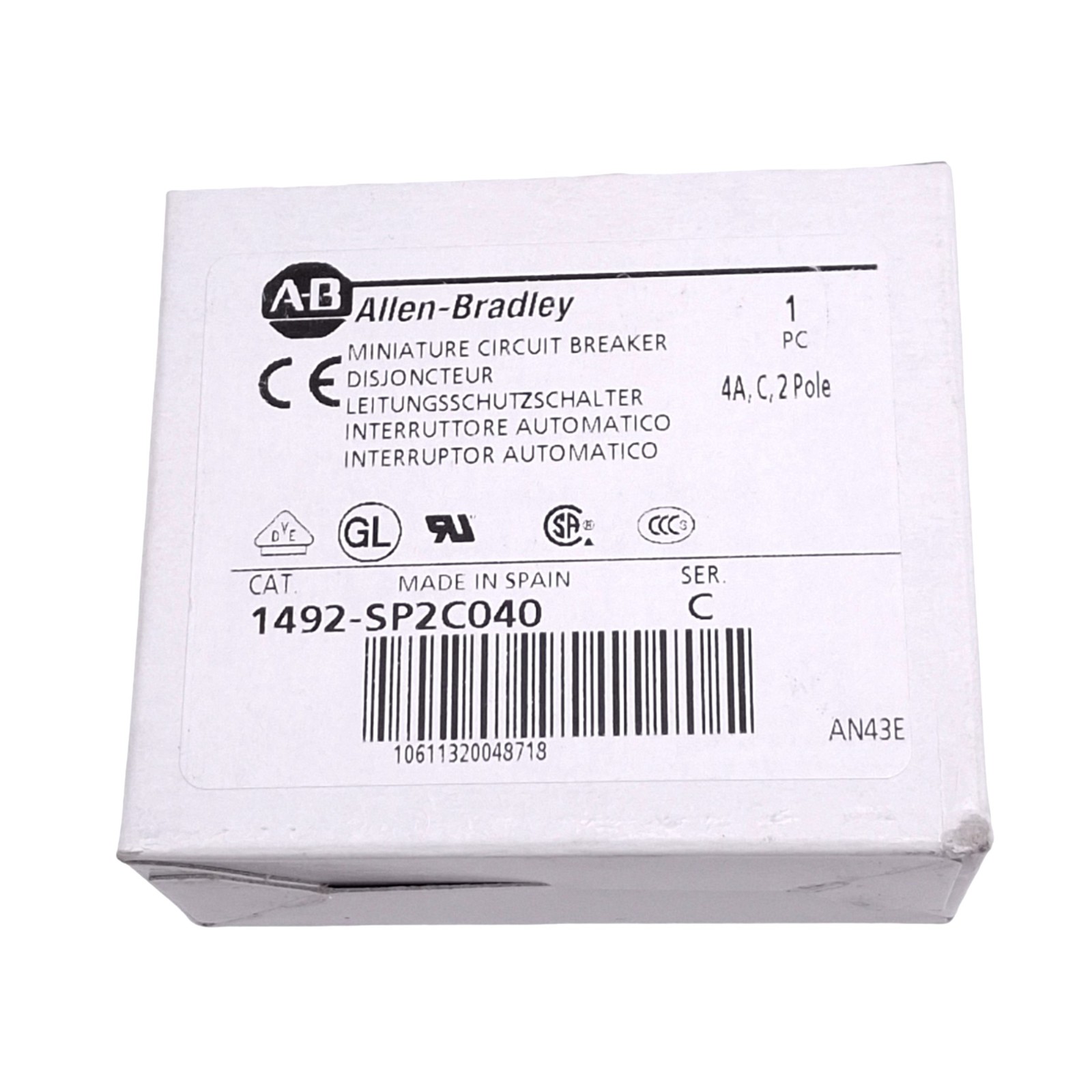 Allen Bradley 1492-SP2C040 Circuit Breaker, 2-Pole 4A, 415VAC, DIN Rail