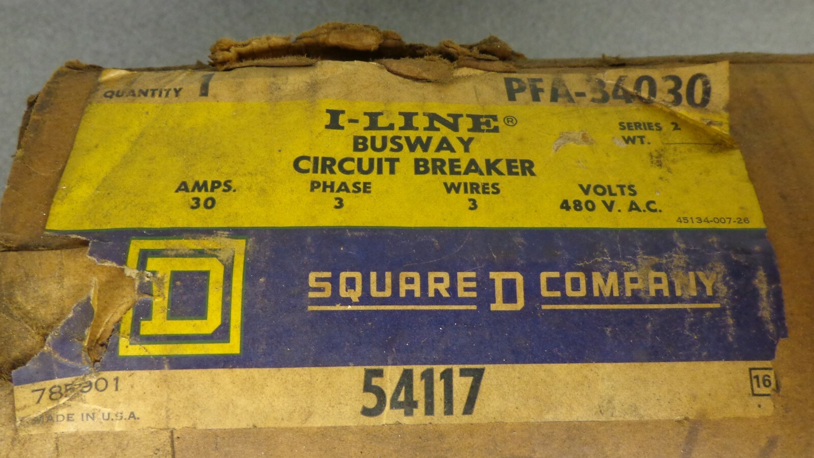 PFA-34030 SQUARE D I-LINE BUSWAY CIRCUIT BREAKER 30 AMP, 3PH 3 WIRE, 480VAC