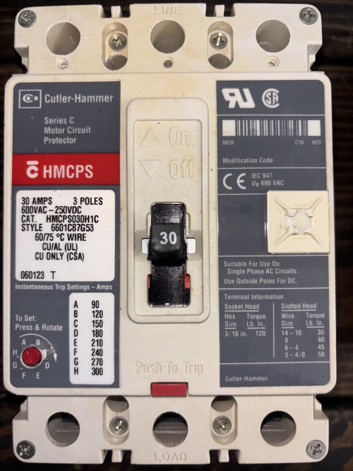 Eaton HMCPS030H1C Thermal Magnetic Circuit Breaker, F-Frame, C,30A,3 Pole, 25kva