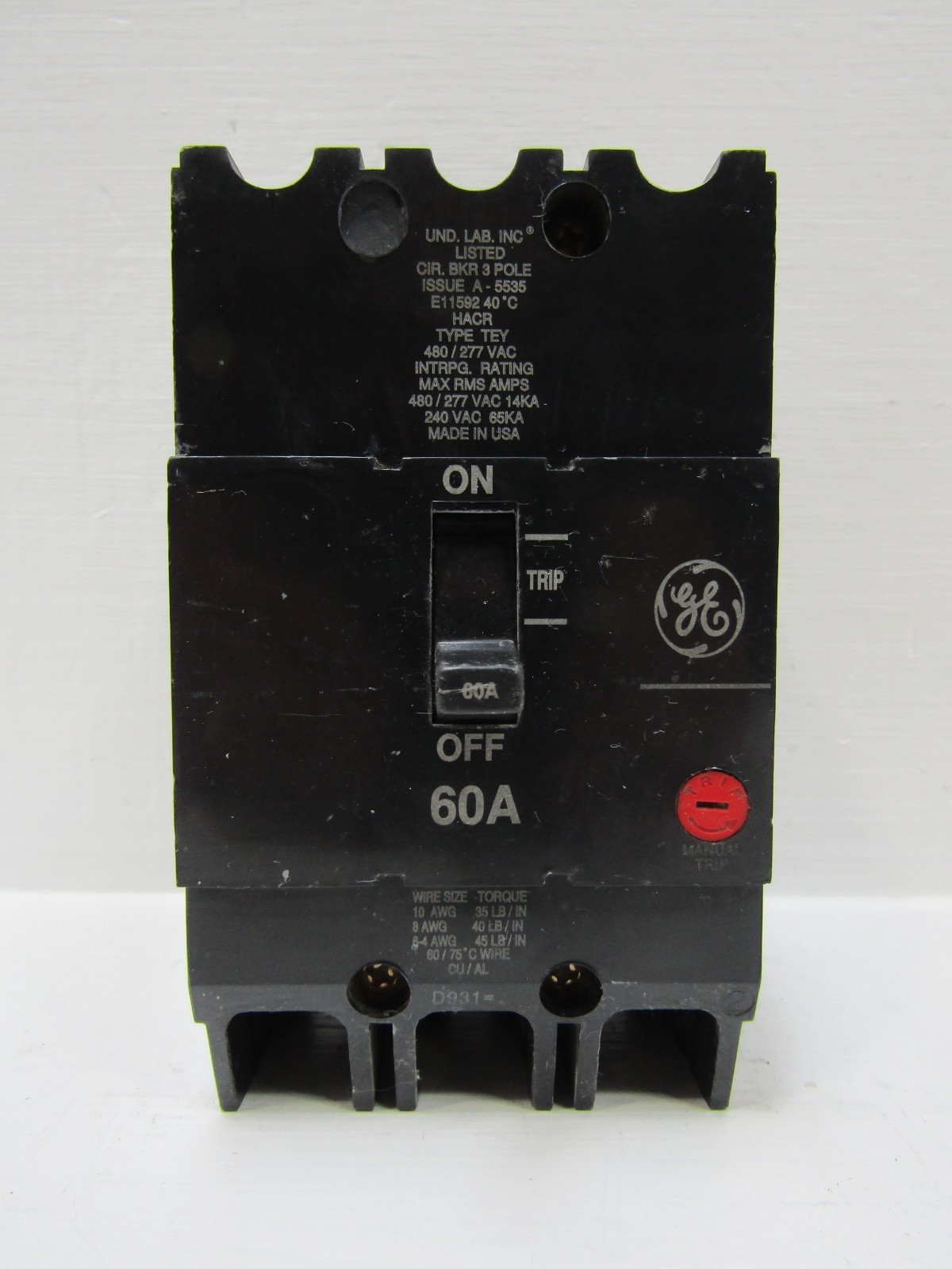 GE General Electric TEY360 60 Amp 480V 3-Pole TEY Circuit Breaker 60A 277V