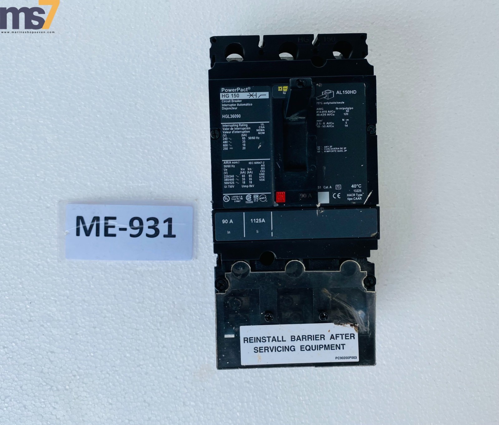SQUARE D POWERPACT HG 150 HGL36090 CIRCUIT BREAKER 90AMP3 POLE