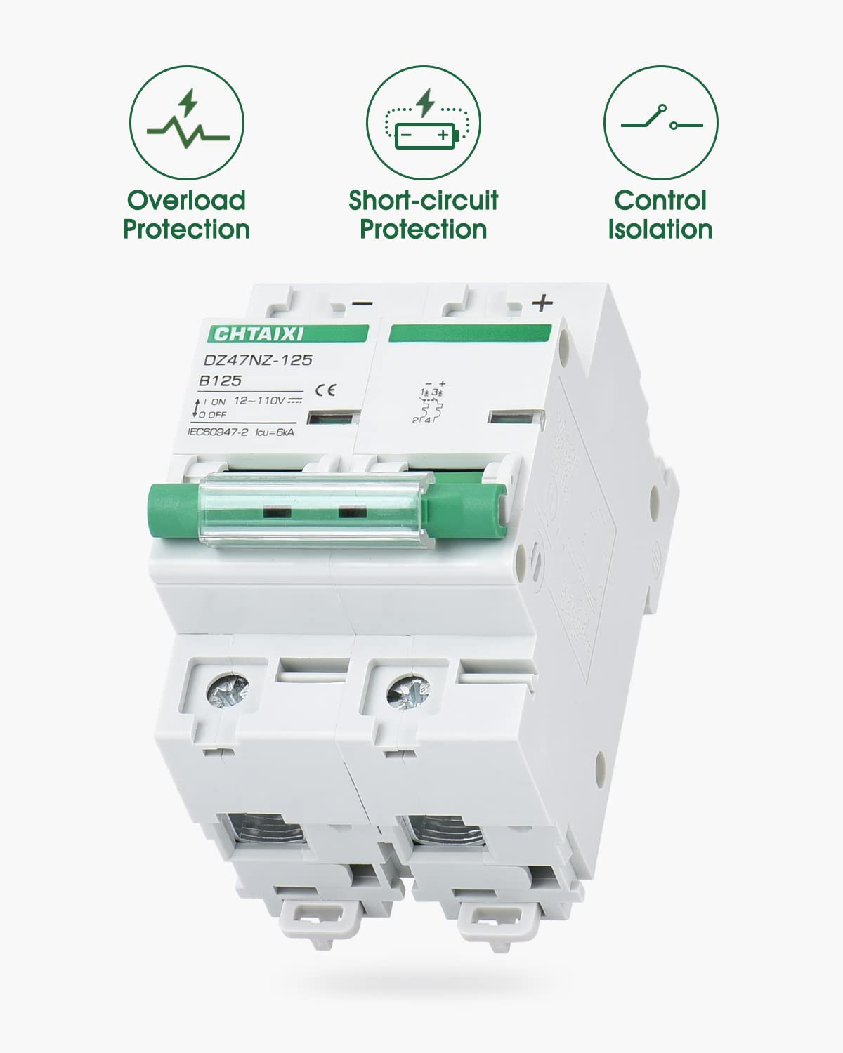 12V-110V DC Miniature Circuit Breaker, 125 Amp 2 Pole Battery Breaker Protector
