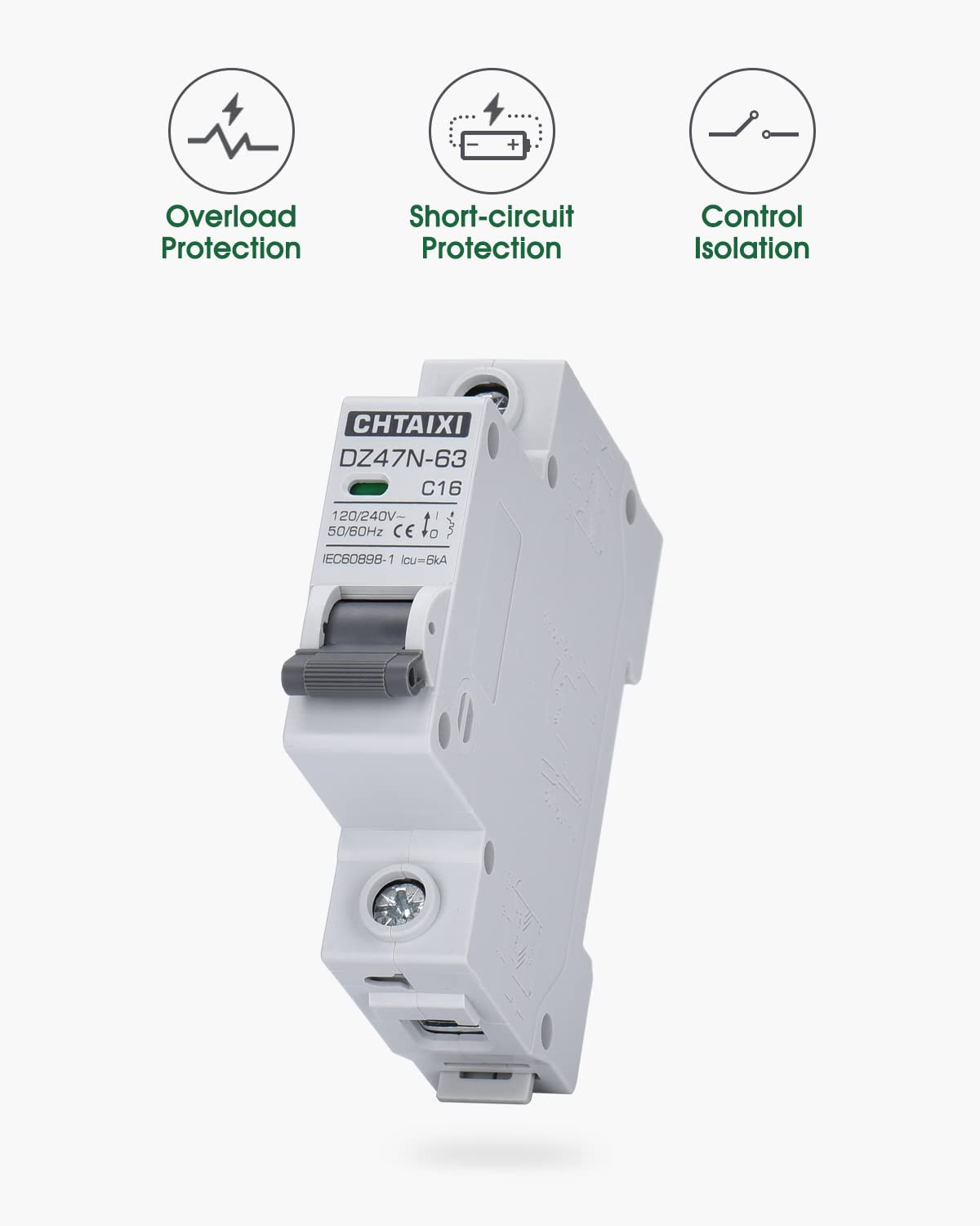 AC Miniature Circuit Breaker, 16 Amp 120V/240V 1 Pole DIN Rail Mount Circuit