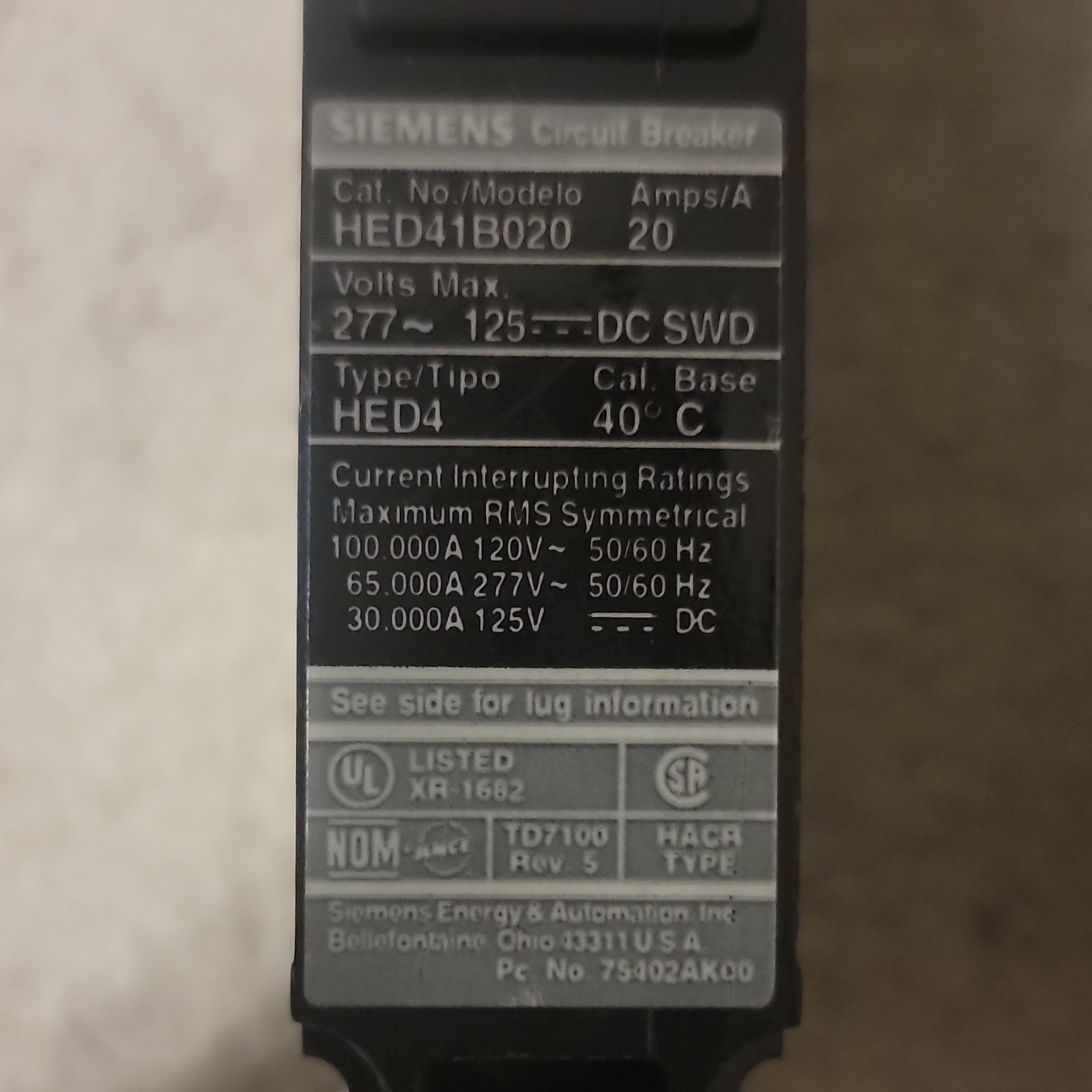 UNTESTED!!! 5 Siemens HED41B020 20A 277V 1-Pole Bolt-On Circuit Breaker SWD