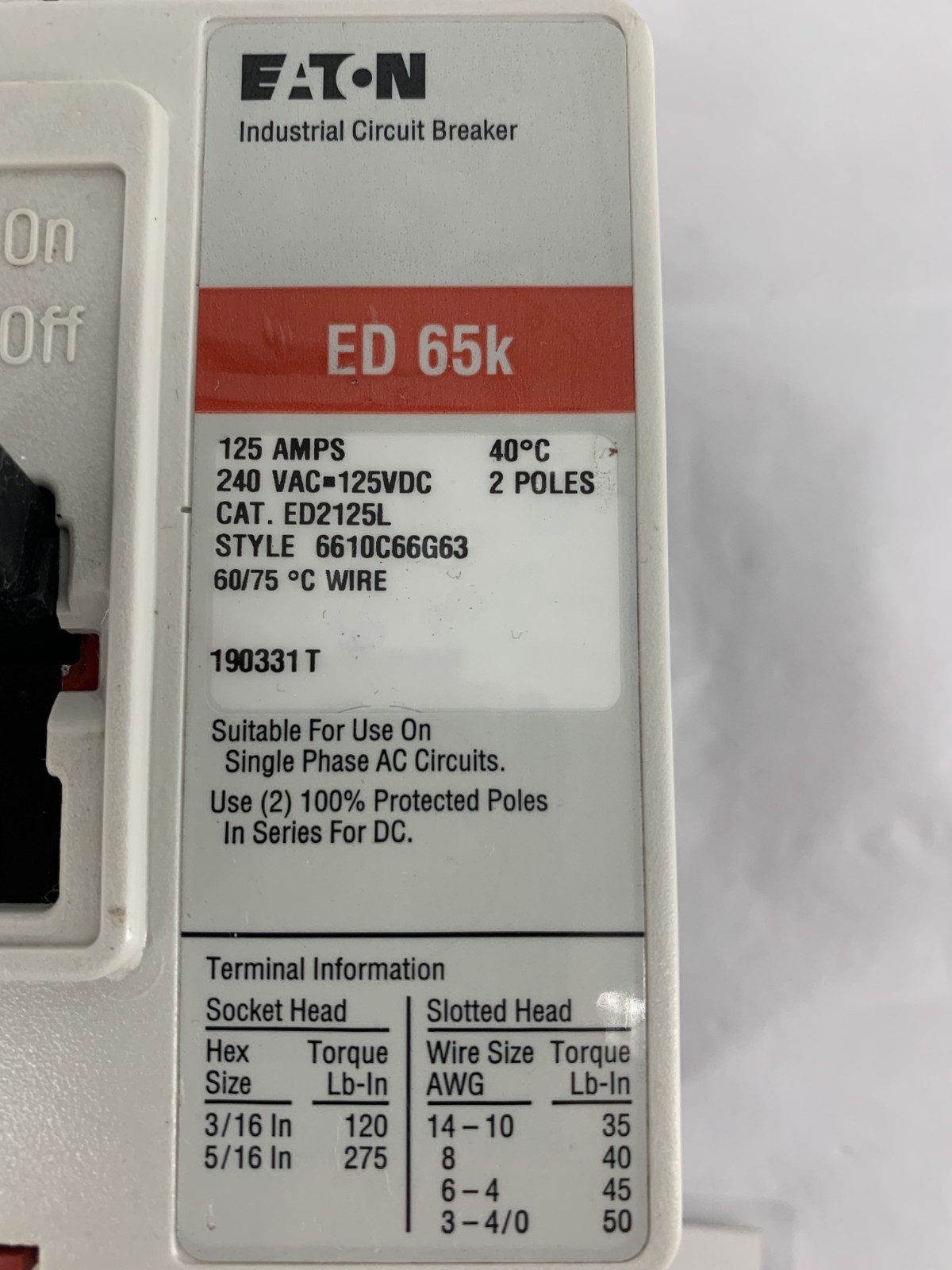 Eaton Cutler-Hammer ED2125L 125A 2P 240VAC Molded Case Circuit Breaker F-Frame