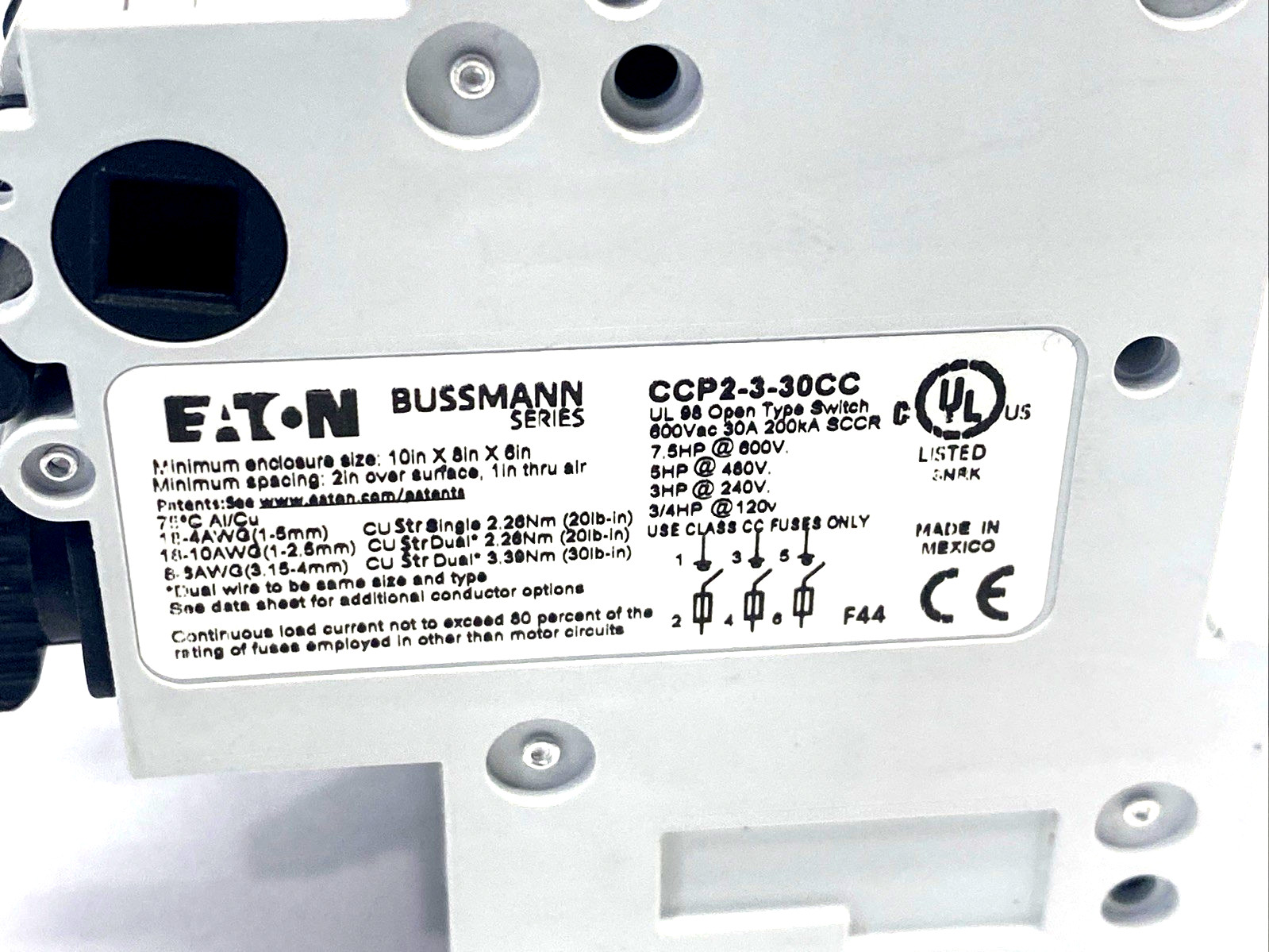 Eaton Bussmann CCP2-3-30CC Series CCP UL98 Fusible Disconnect 600VAC 125VDC 30A