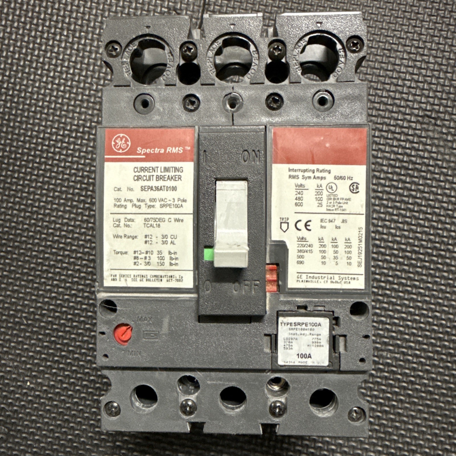 GE SEPA36AT0100 Molded Case Circuit Breaker, 100 A, 600V AC, 3 Pole