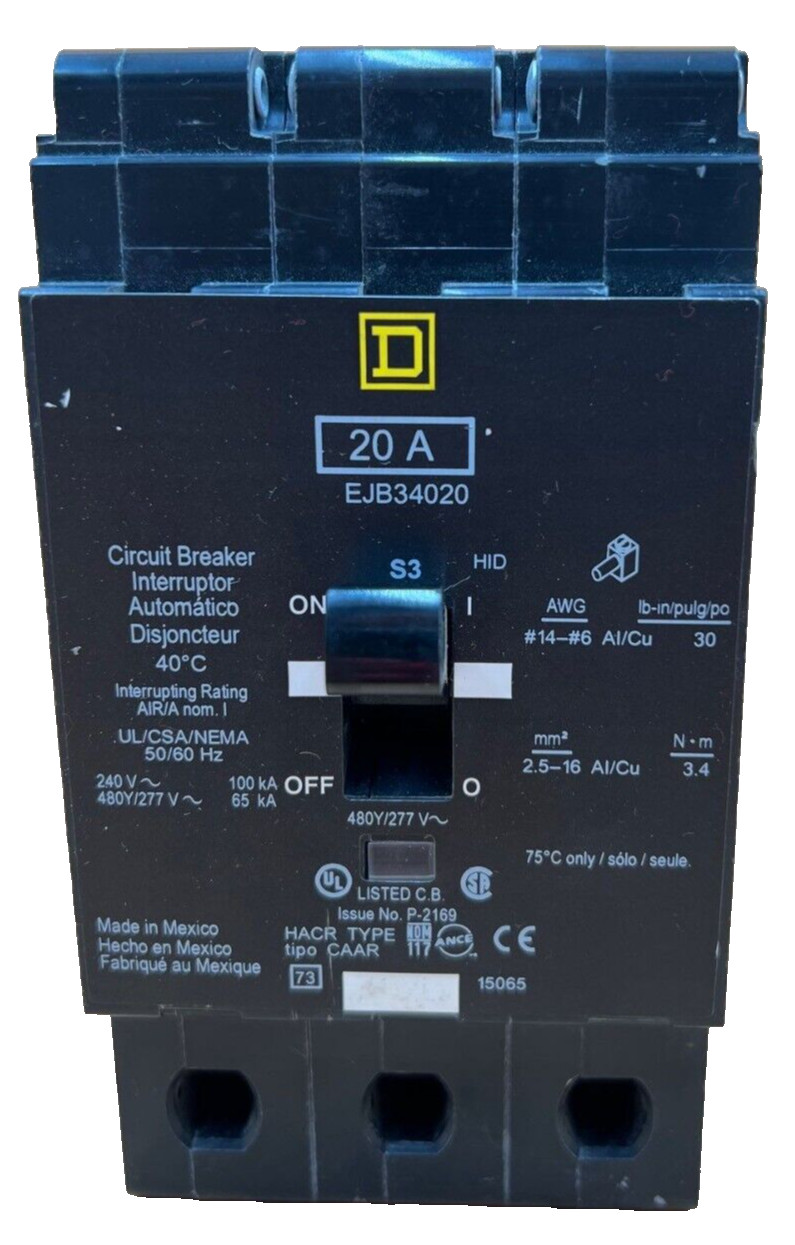 SQD EJB34020 Circuit Breaker 20A 3P 480V 3PH 20 Amp 3 Pole Bolt on Used