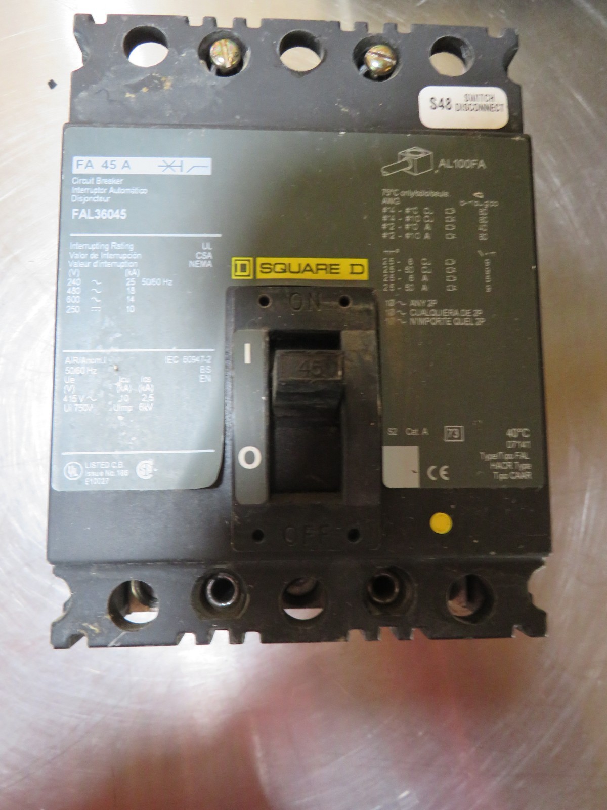 SQUARE D FAL36045, 45A, 3P, 600V CIRCUIT BREAKER