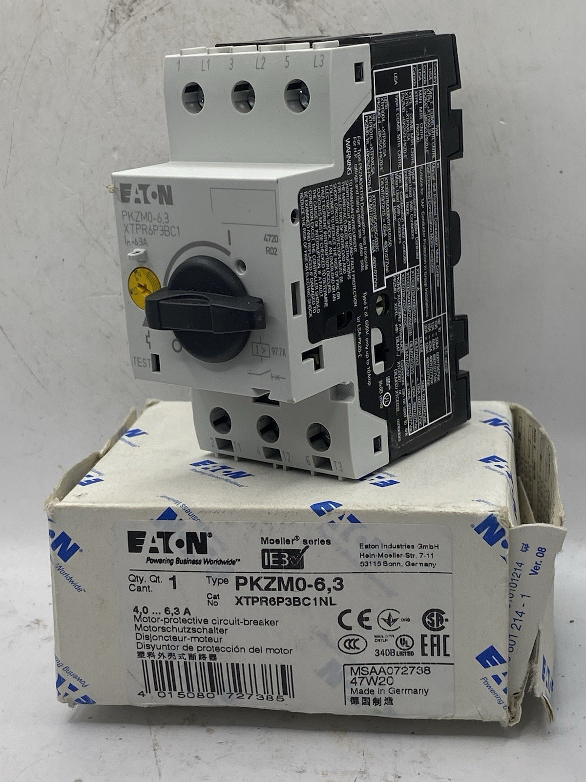 Eaton XTPR6P3BC1 Manual Motor Protector, Adjustable 4-6.3A, PKZM0-6,3/AK