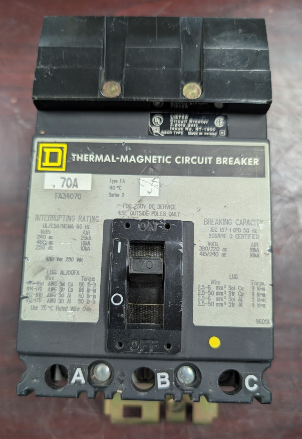 🤪 SQUARE D 70 AMP I-LINE CIRCUIT BREAKER 480 VAC 3 POLE FA34070