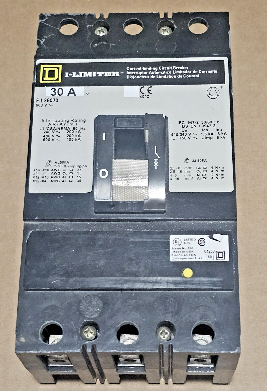Square D FIL36030 30A I-Limiter Circuit Breaker 600V 3 Pole Square D -USED