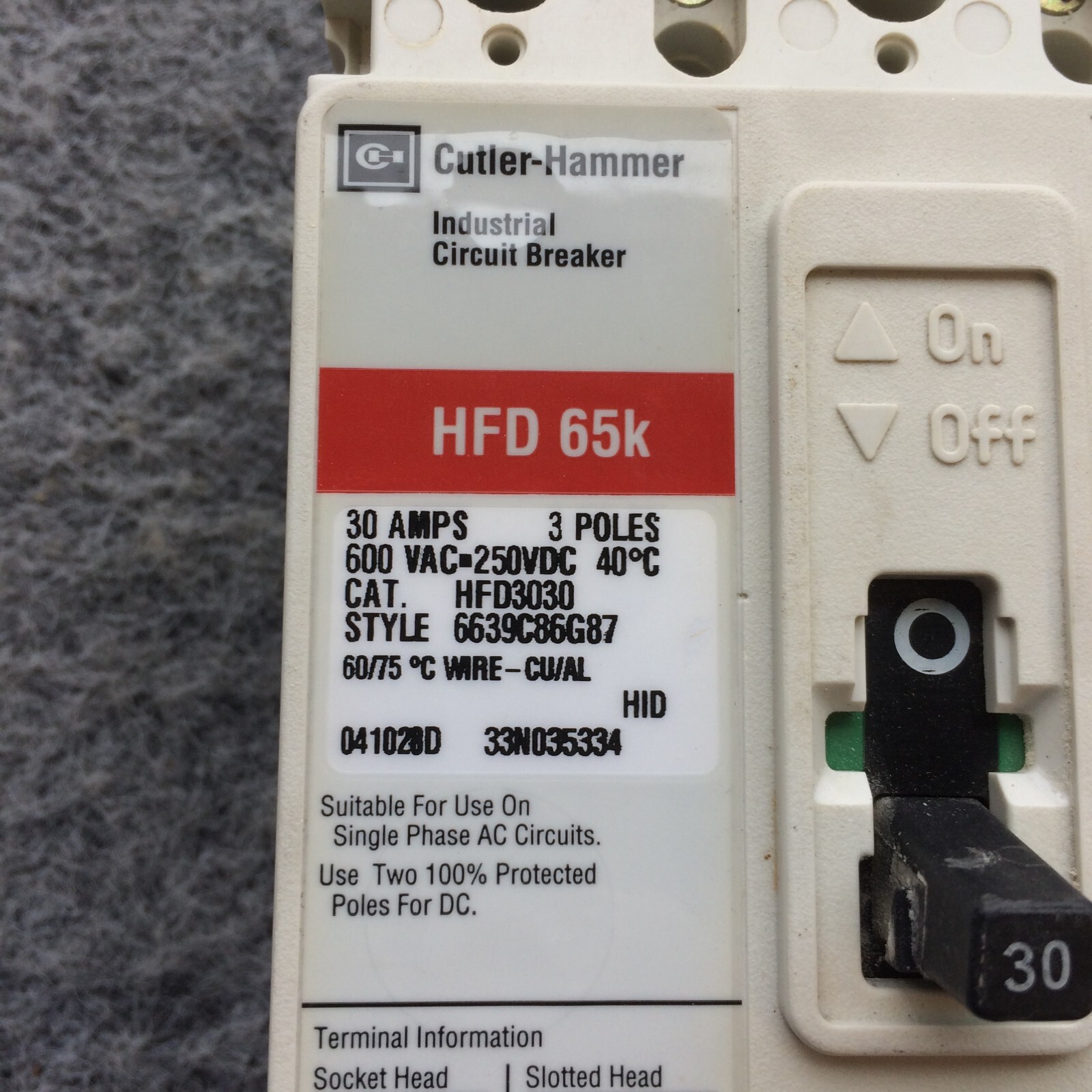 Cutler Hammer HFD3030 30A Circuit Breaker Glossy Red 600V 30 Amp Eaton