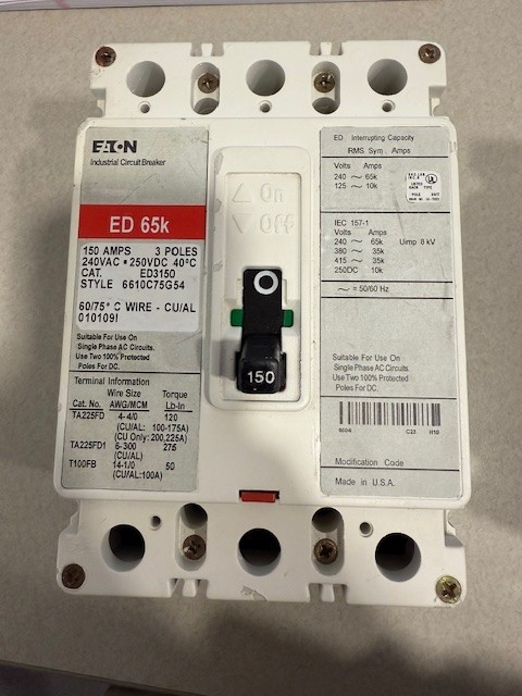Cutler Hammer 150Amp 240V 3 Pole 65k Circuit Breaker (ED3150)