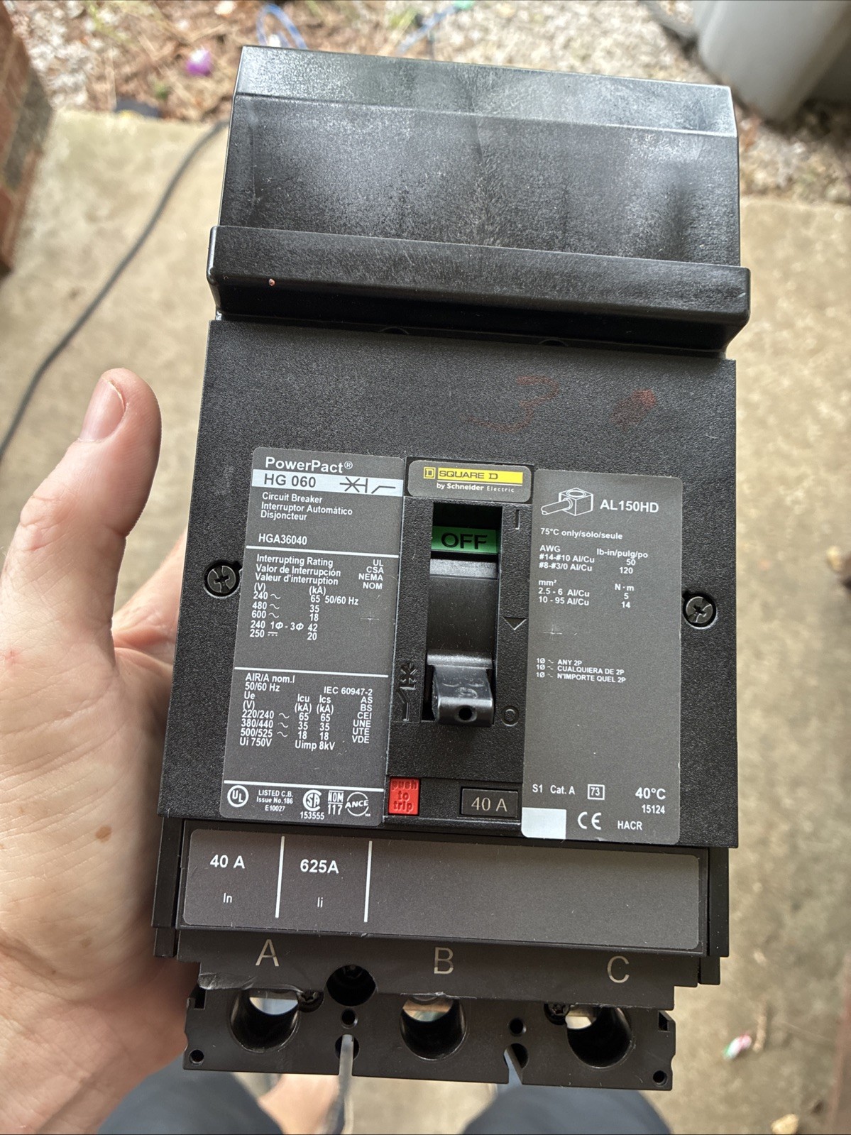 Square D HGA36040 40A 600V 3-Pole Main Circuit Breaker