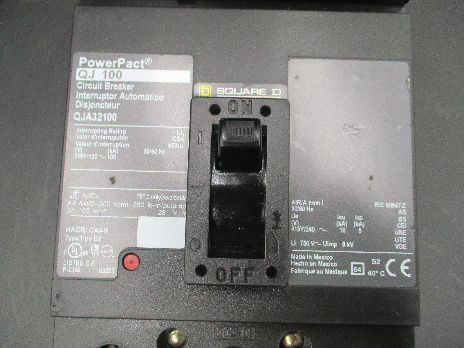 SQUARE D QJA32100 3-P 100A 240V I-LINE CIRCUIT BREAKER