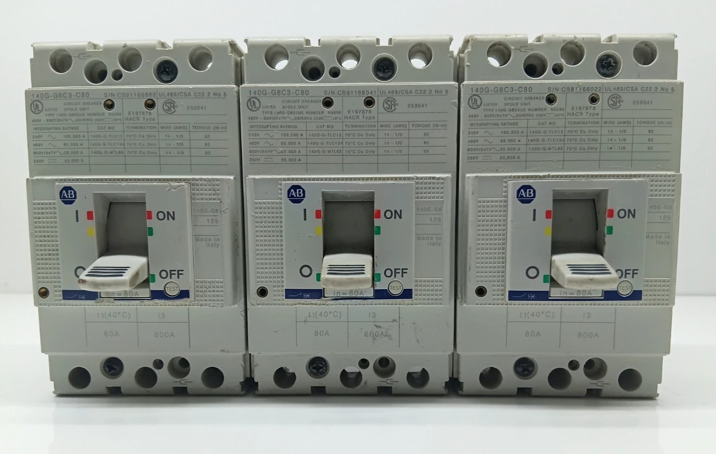 USED ALLEN BRADLEY 140G-G6C3-C80A SER A.CIRCUIT BREAKER 3 POLE 80 AMPS / LOT OF3