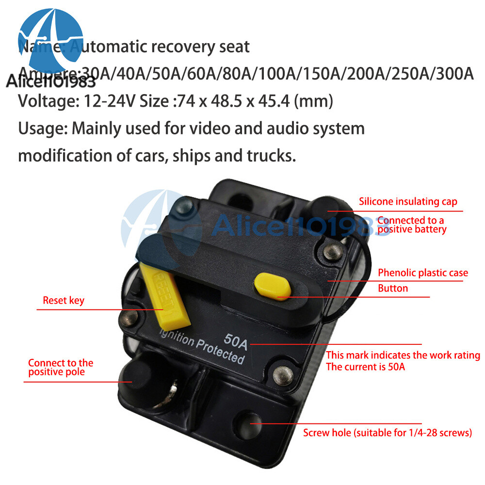Waterproof Circuit Breaker Fuse Reset 30-300A DC12-48V Car Boat Auto Breaker