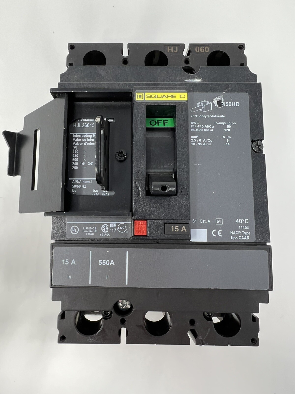 Square D HJ L26015 PowerPact HJ060 Circuit Breaker 15Amp 2-Pole 600V