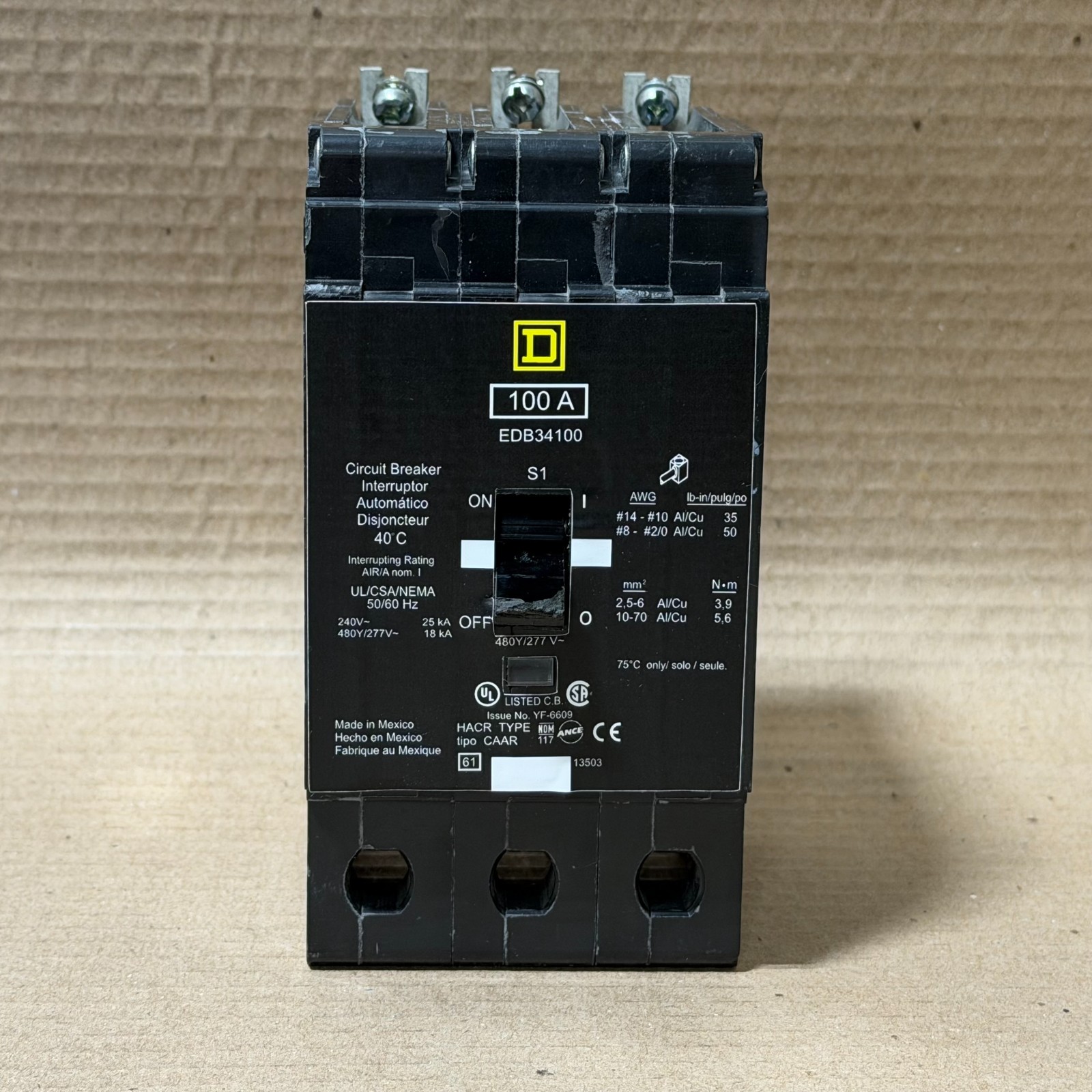 Square D EDB34100 3 Pole 100 Amp 480V Circuit Breaker Black Label FLAW #6