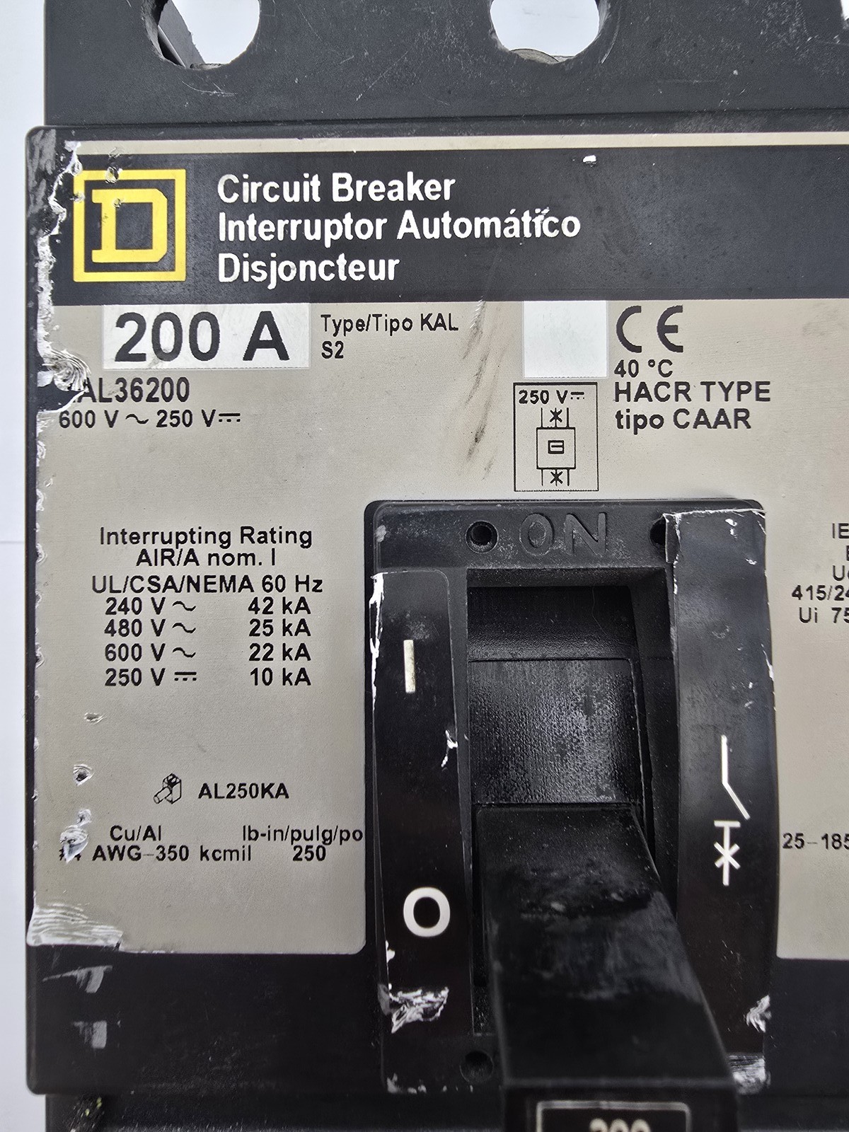 Square D KAL36200 Bolt On Circuit Breaker 200A 600VAC 250VDC HACR 50/60Hz