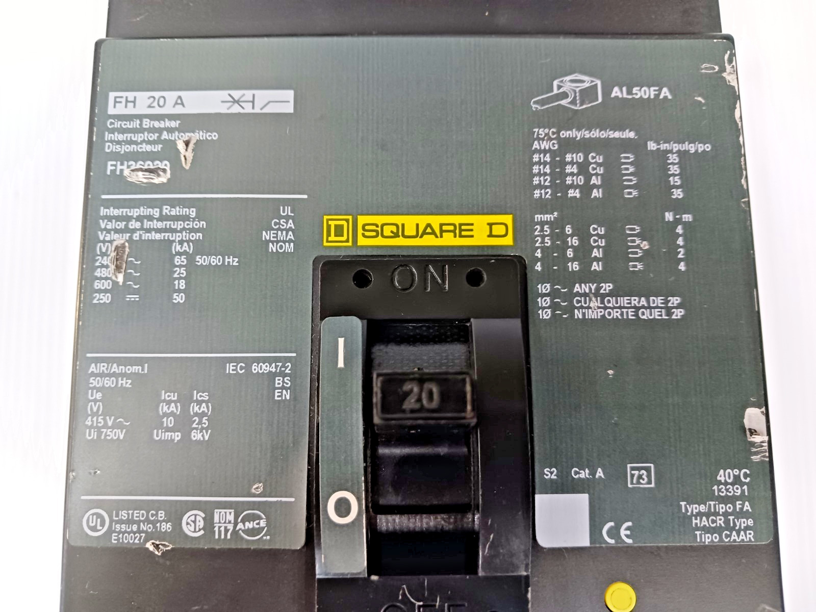 New Square D 20 Amp I-Line Circuit Breaker 600 VAC / 250 VDC 3 Pole 25kA FH36020