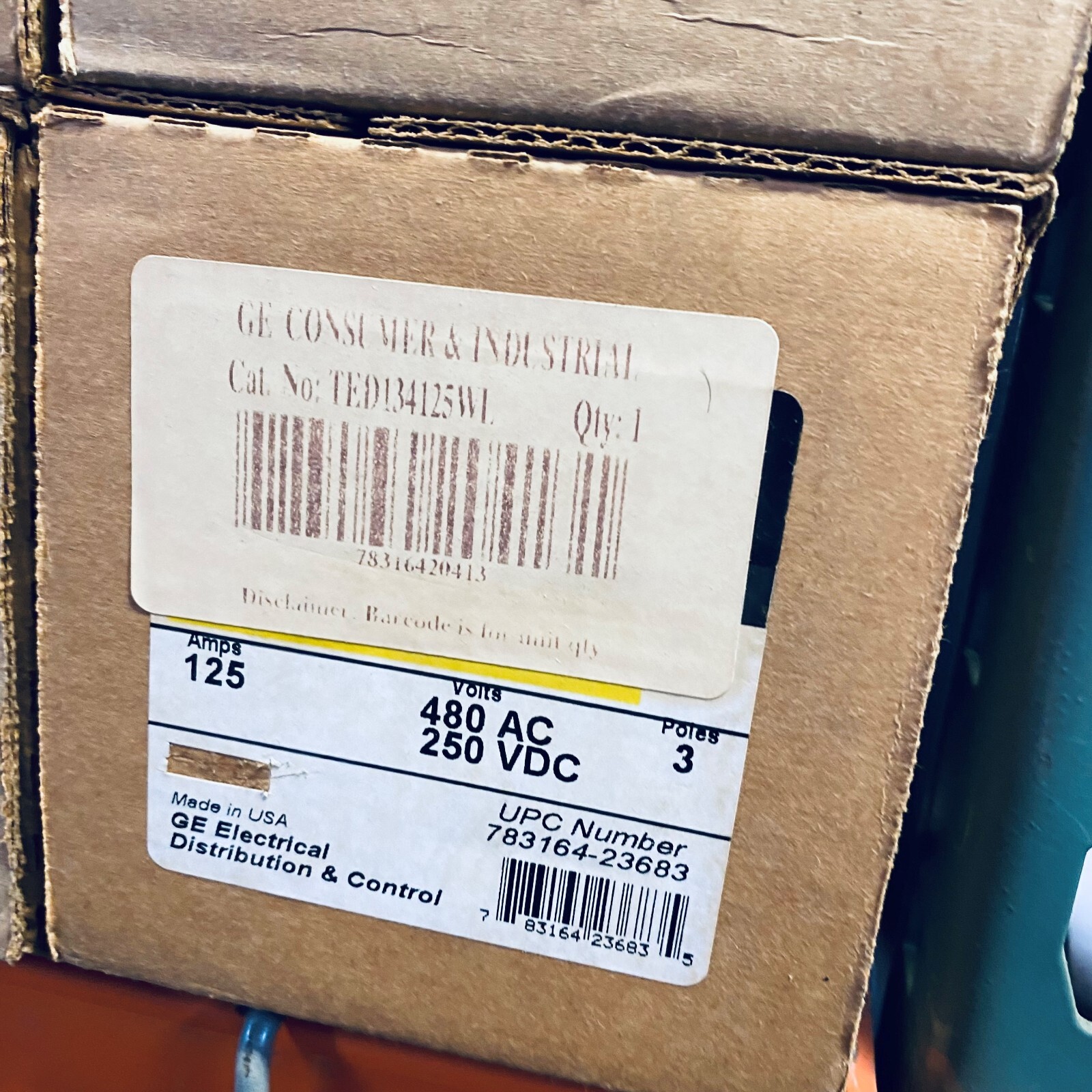 GE TED134125WL BREAKER 3POLE 125A 480V 250VDC NEW READY TO SHIP