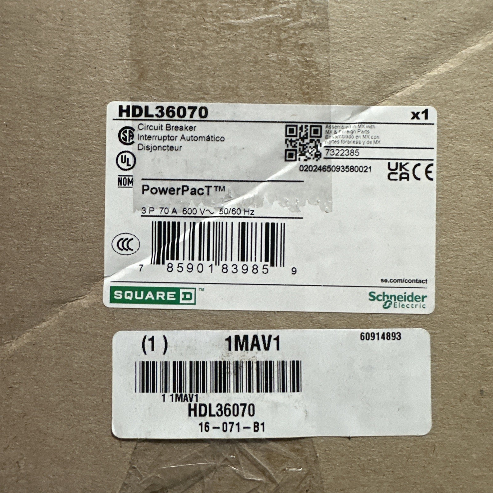 Square D HDL36070 70A Triple Pole Circuit Breaker