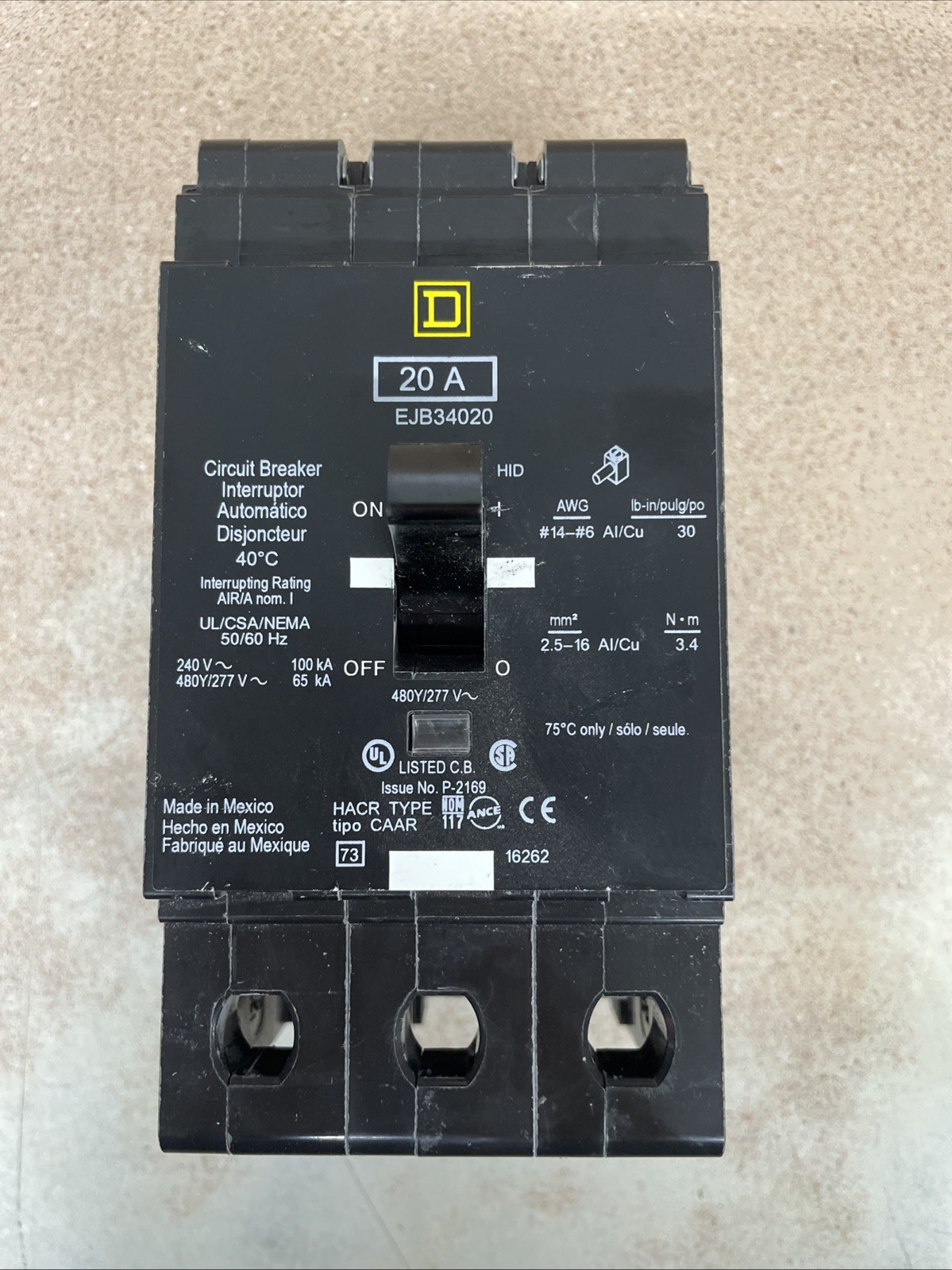 Square D EJB34020 3-Pole 480 Volt 20 Amp Bolt-On Circuit Breaker NT