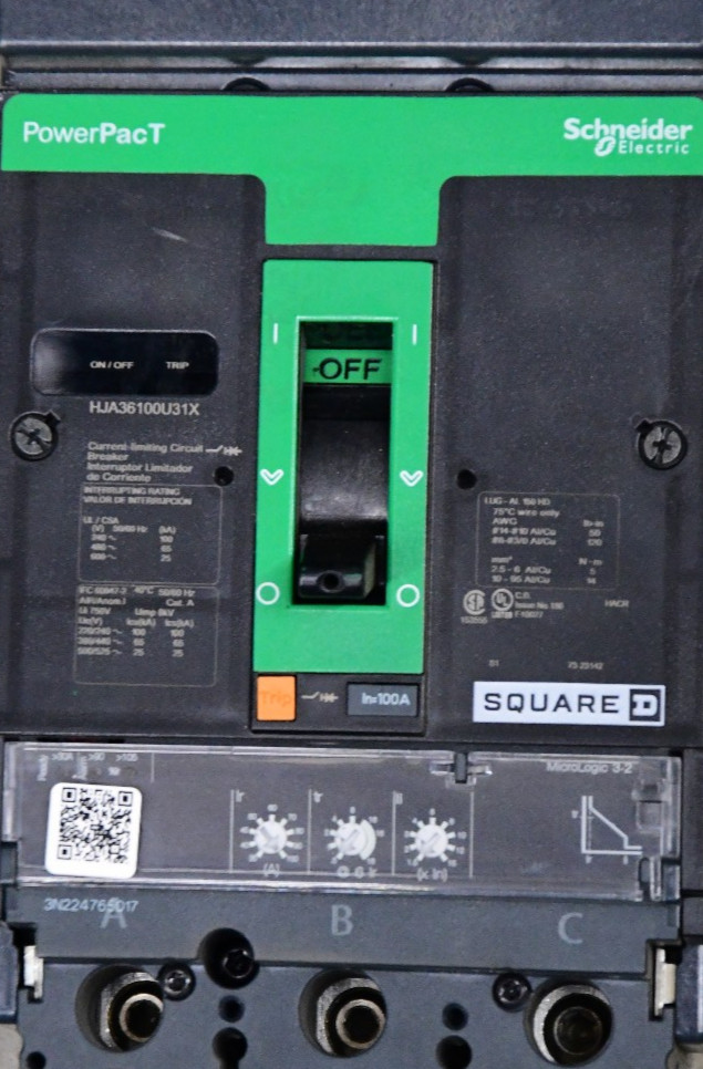 HJA36100U31X Square D 100A 600V 3P(ABC) Powerpact I-Line Circuit Breaker -SES