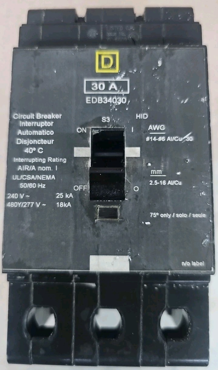 Square D EDB34030 Molded Case Circuit Breaker 3p 30a Amp 480v-ac PAPER LABEL