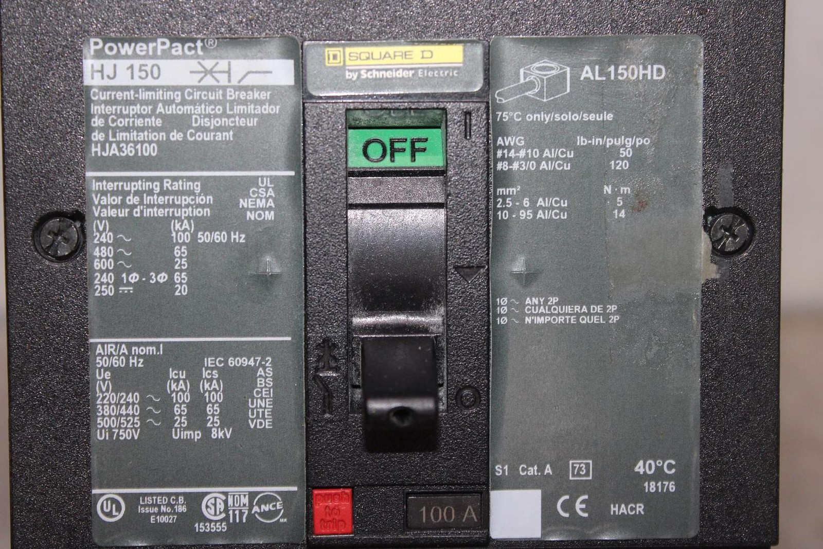 SQUARE D POWERPACT I-LINE CIRCUIT BREAKER HJA36100 100 AMP 600 VAC 3-POLE