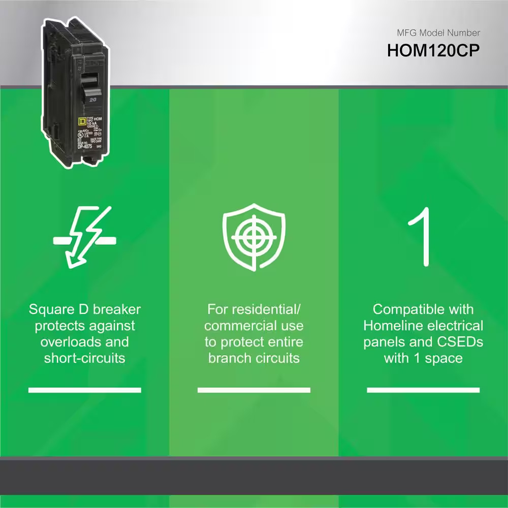 Homeline 20 Amp One-Pole Circuit Breaker HOM120CP, Square D Breakers 120/240 VAC