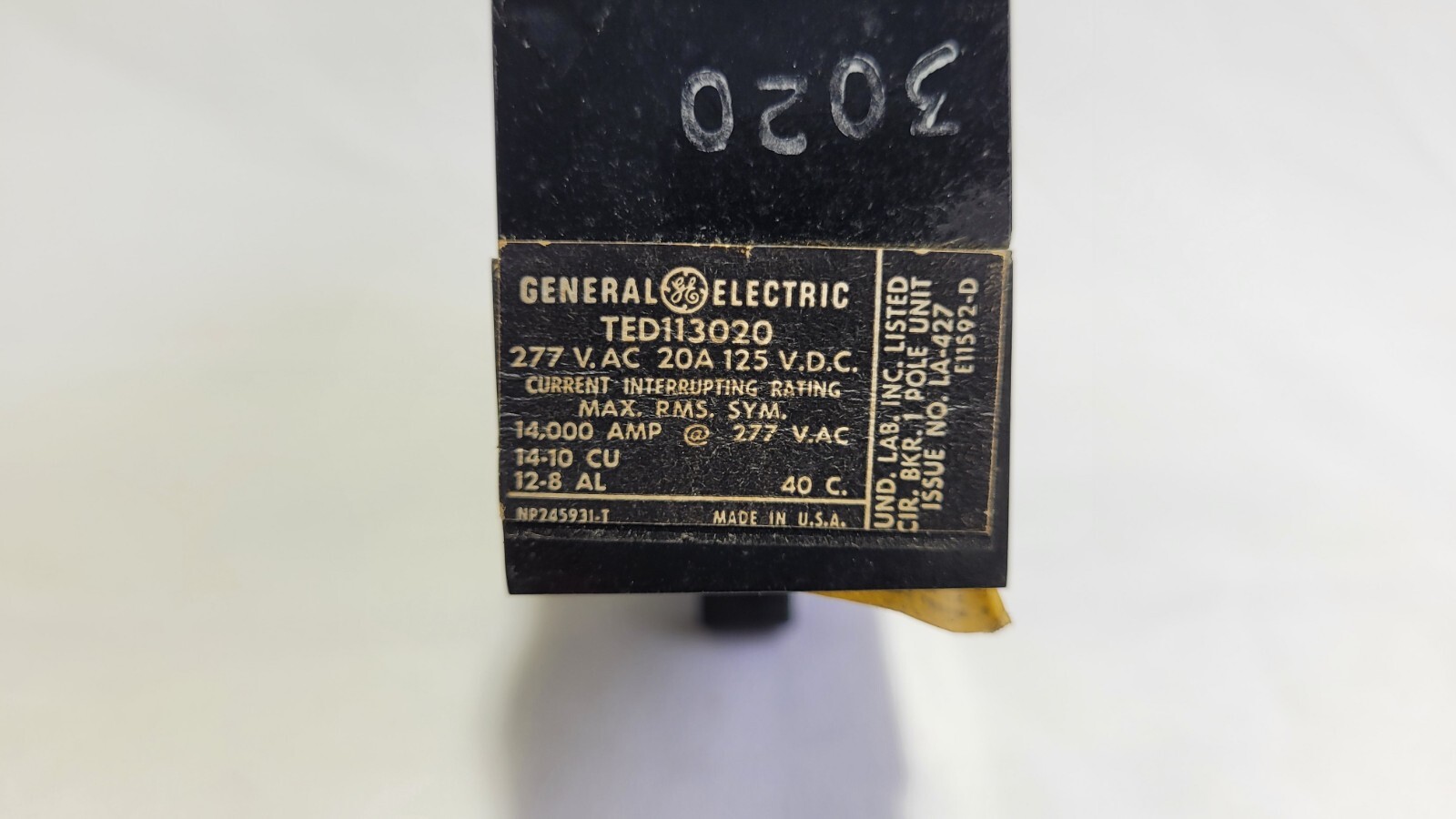(Lot of 5) General Electric TED113020 20A 1 Pole 277VAC/125VDC Circuit Breakers
