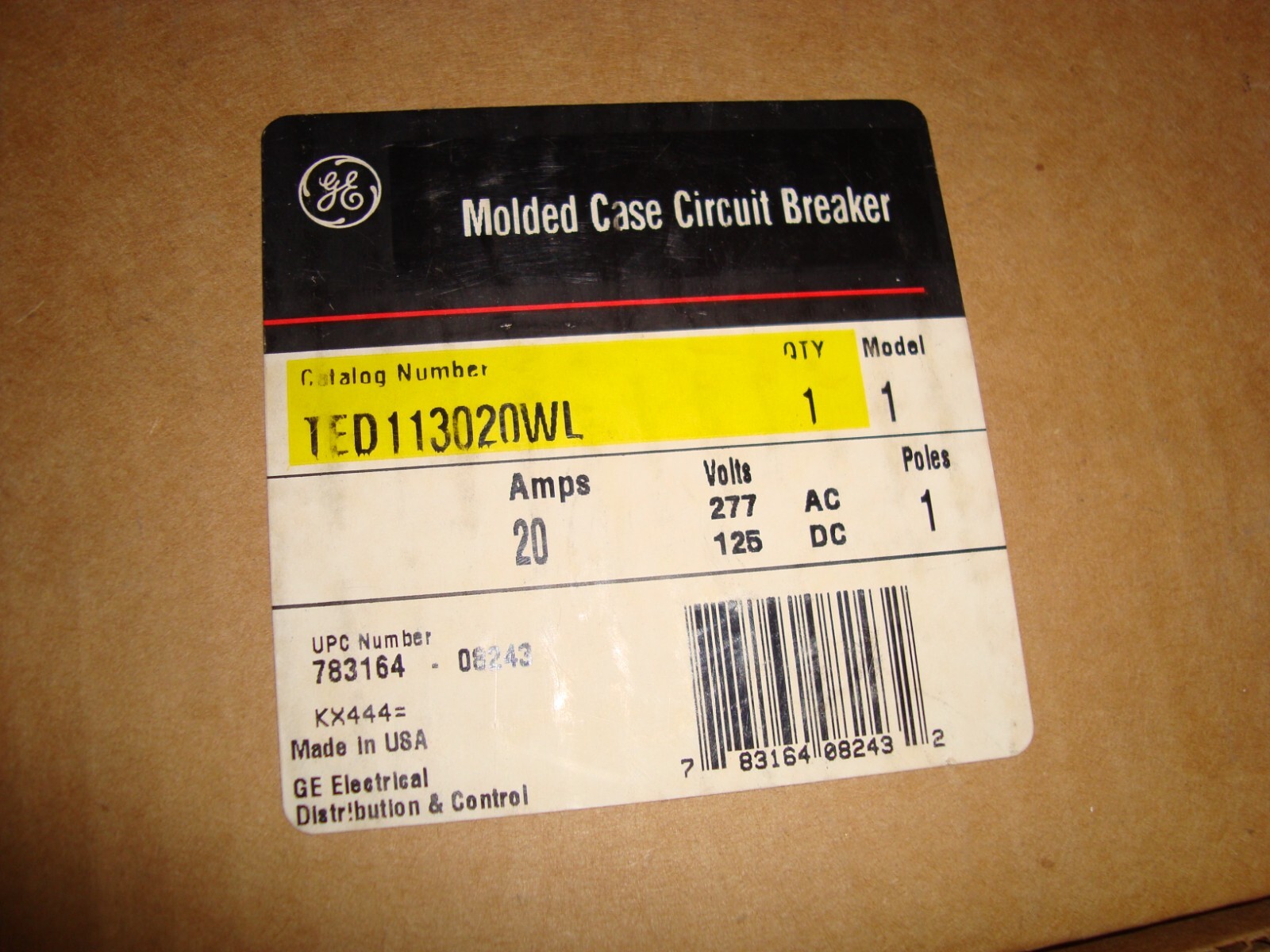 General Electric TED113020WL circuit breaker 277 vac 20 amp, 125 vdc