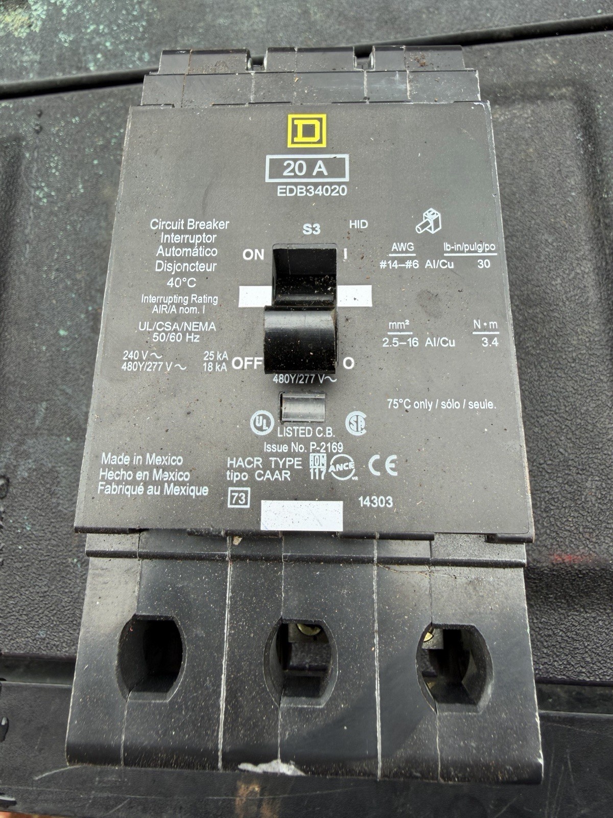 Square D EDB34020 20A 3 Poles Bolt On Circuit Breaker – NEW, no box