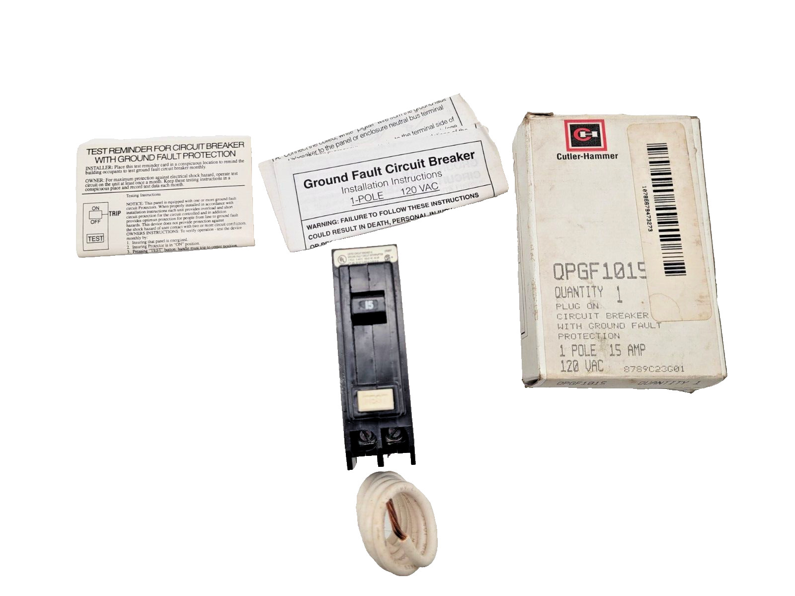 Cutler Hammer QPGF1015 Breaker 15 Amp 1 Pole Ground Fault Shunt Trip Plug in On