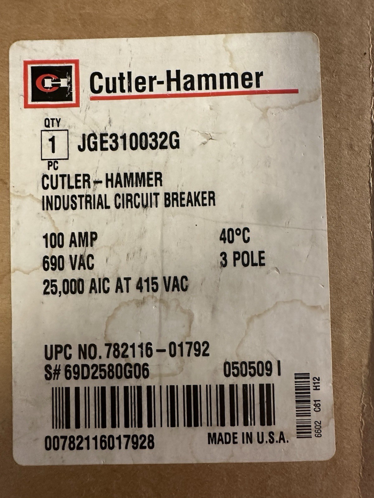 Cutler-Hammer JGE310032G 100A 3-Pole Industrial AC Circuit Breaker 690VAC **NEW