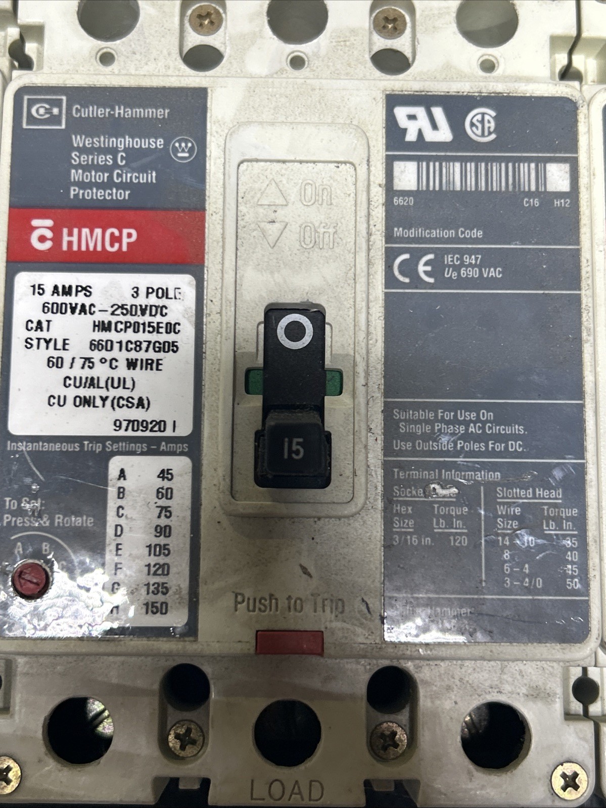 3 Used EATON /Cutler Hammer HMCP015EOC 15 Amp 600 Volt 3 Pole Circuit Breakers