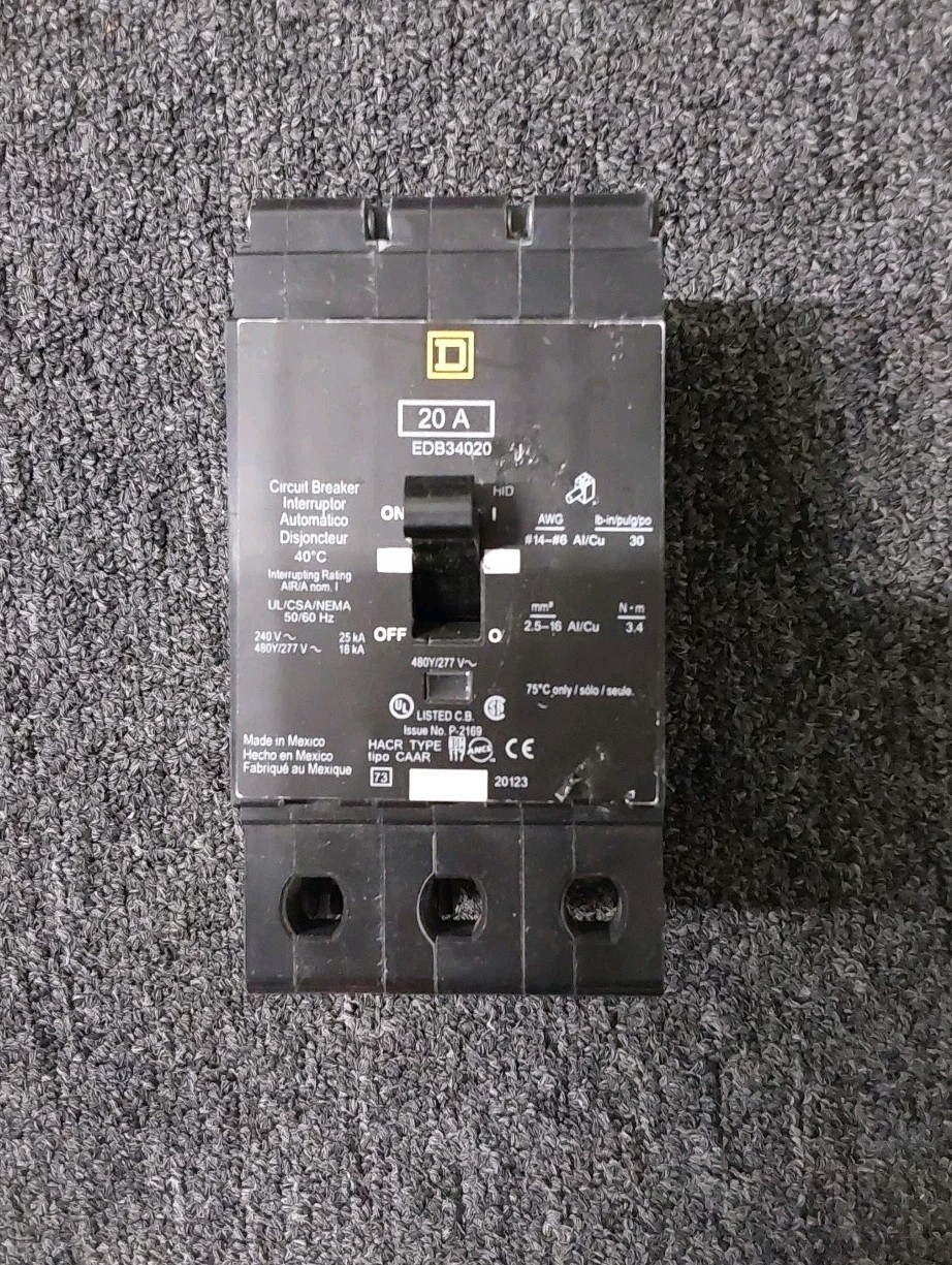 Square D EDB34020 Bolt On Circuit Breaker 3P 480Y/277V 18KA EDB 3 Pole 20Amp AB