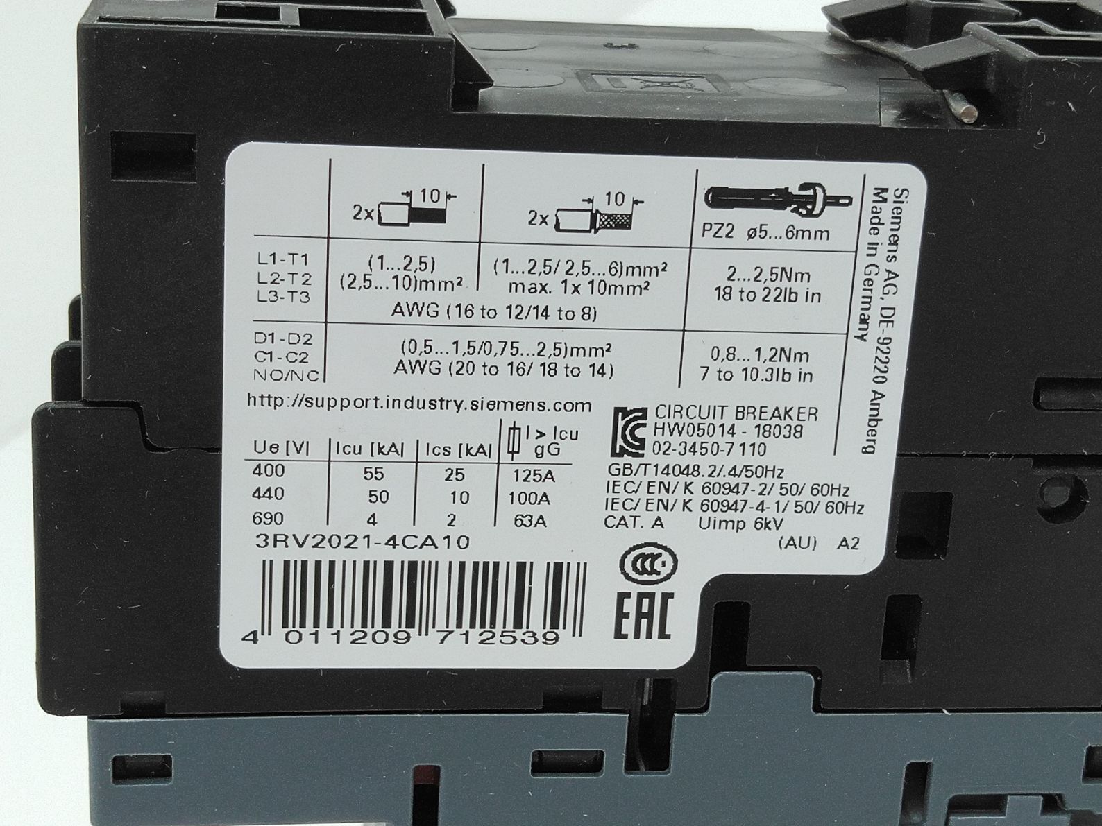 Siemens 3RV2021-4CA10 Motor Protection Circuit Breaker, 286A
