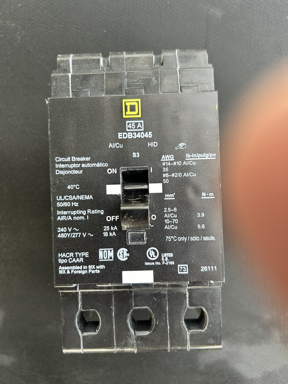 EDB34045 – Schneider Electric (Square D) 3-Pole 45 A 480Y/277 V AC Bolt-On Circu