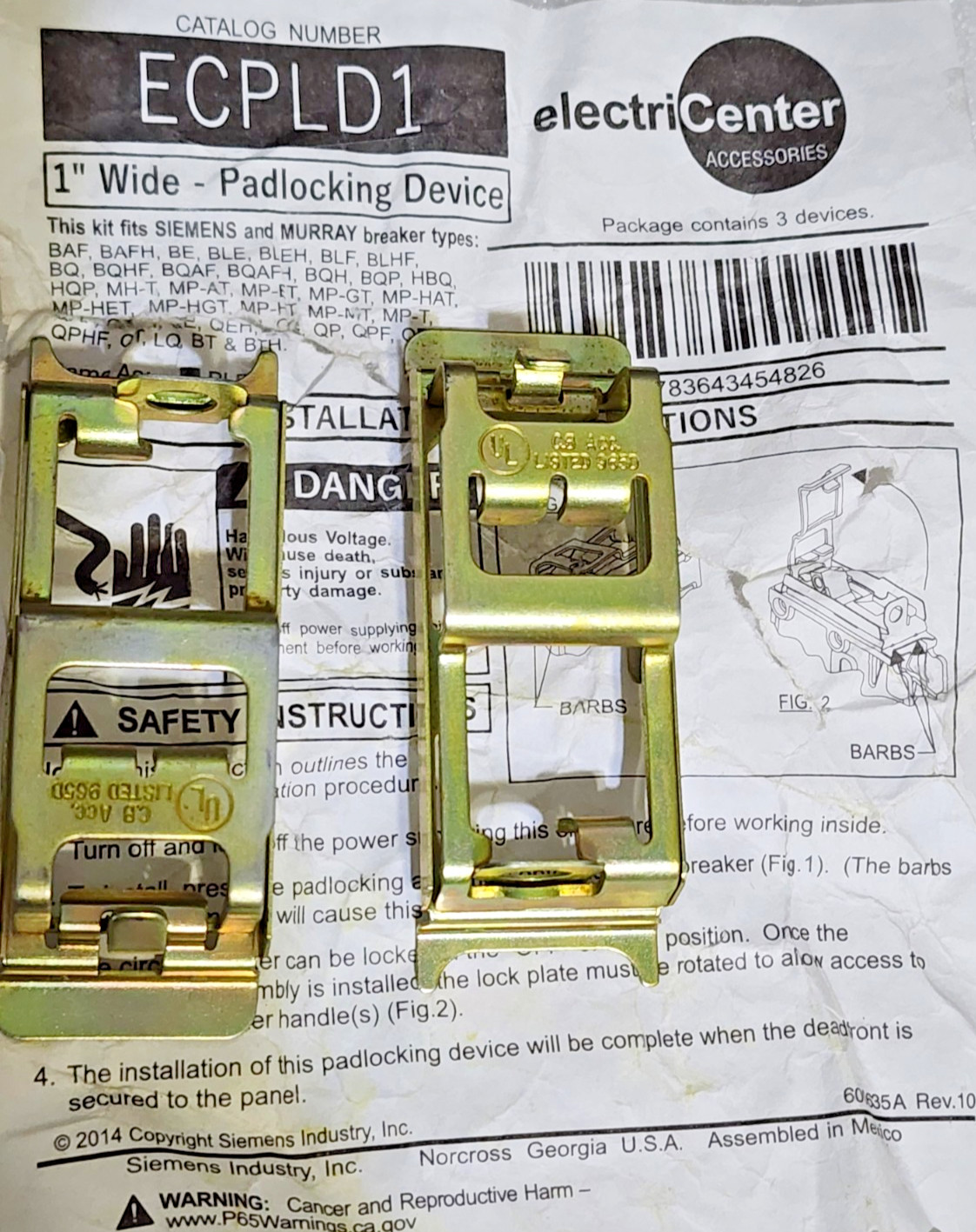 (Pack 2) SIEMENS Padlock ECPLD1 – For 1 in. Wide Quad Circuit Breakers