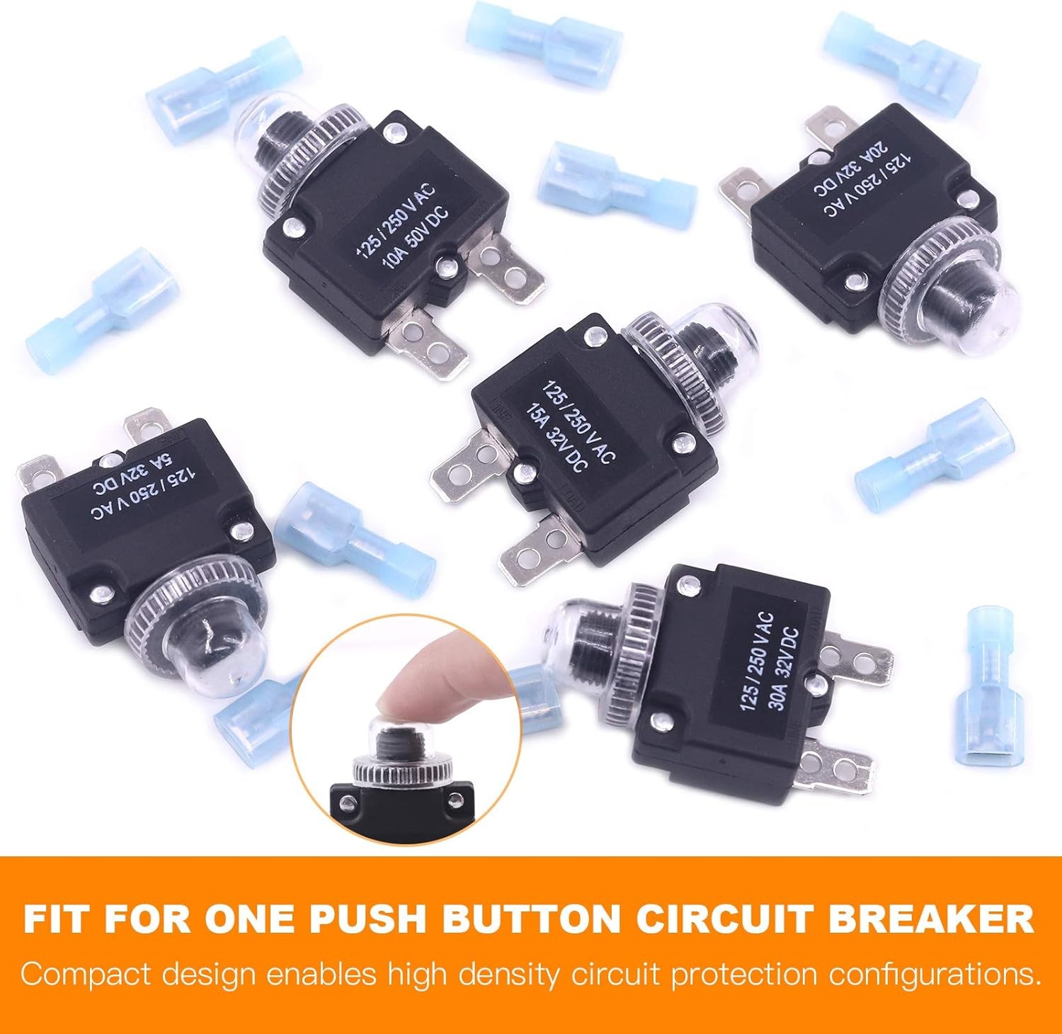 30 Pcs Push Button Reset Circuit Breaker Assorted Set with Quick Size: 5A-30A