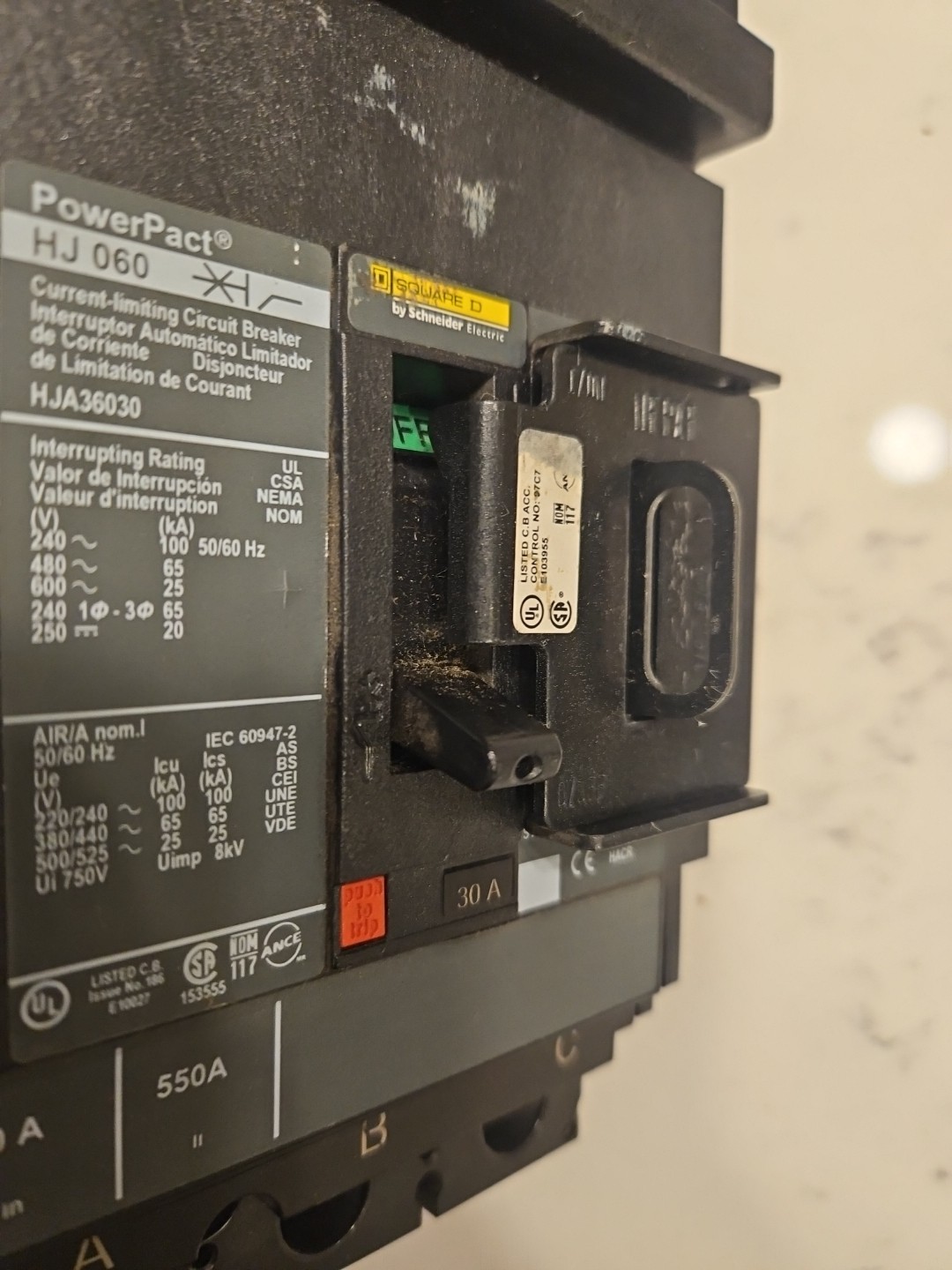 Square D PowerPact HJA36030 3 Pole 30 Amp I-Line Circuit Breaker. LOTO Clasp