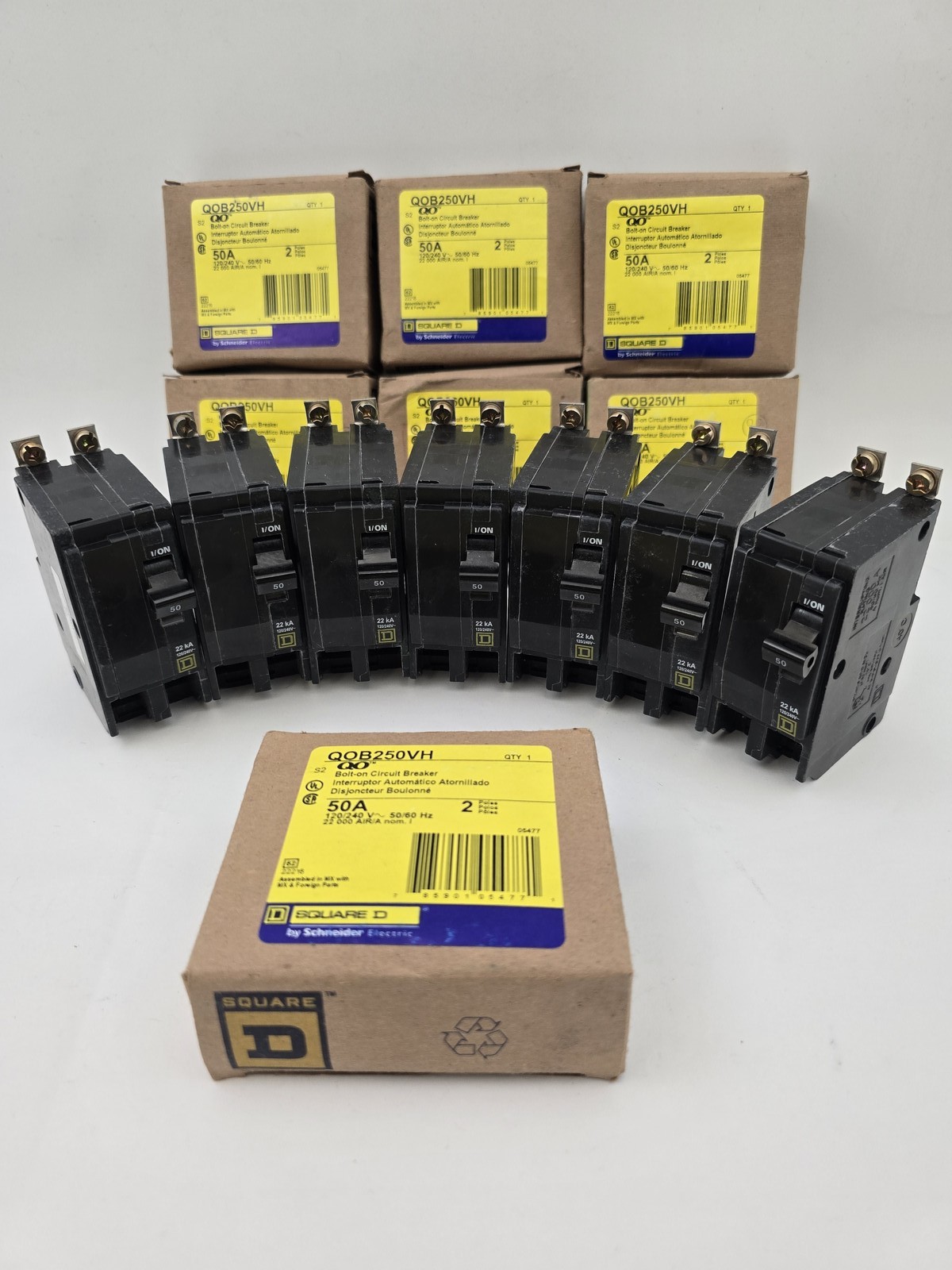 7Pc Square D QOB250VH Bolt-On Circuit Breaker 50A 240V 2P 22kA 1PH Type QOB 50 A