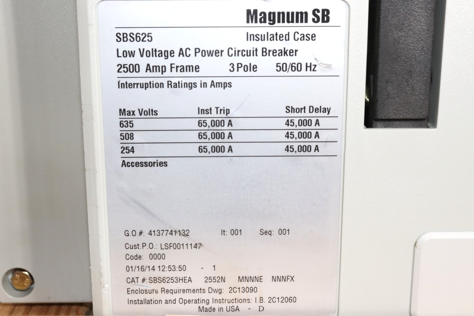 EATON SBS625 2500A 3PL LOW VOLTAGE AC POWER CIRCUIT BREAKER, MAGNUM SB, DIGITRIP